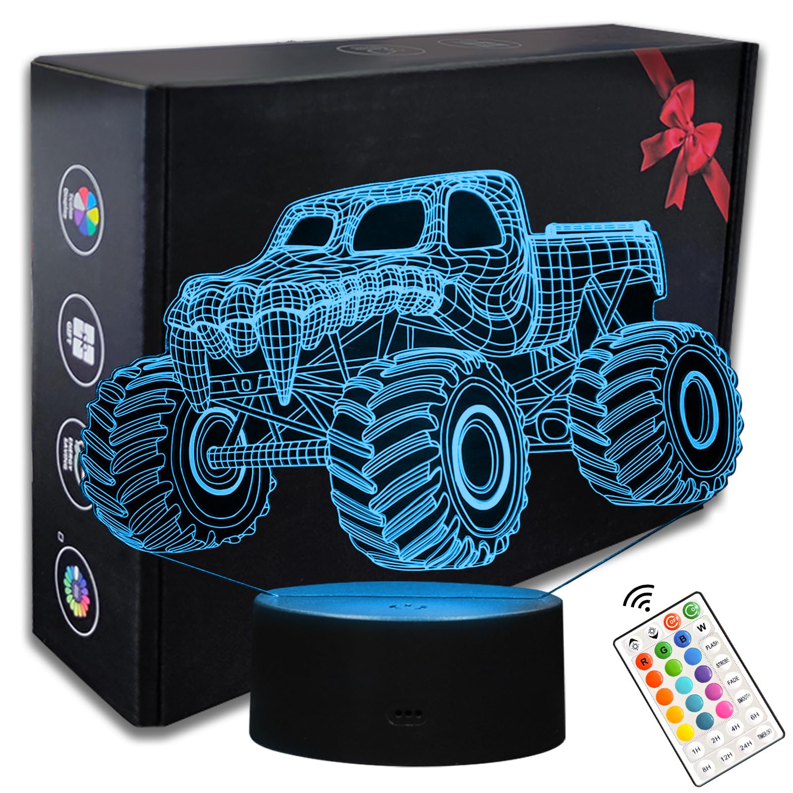 Monster Truck 3D LED Night Lamp,16 Color Night Light for Boys-Monster Truck Night Light Optical Illusion Lamp with Remote Control, Perfect for Kids'