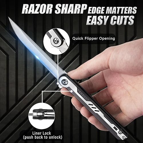 Miniatura 6 de Carimee Cuchillo plegable de bolsillo, con hoja de acero 5Cr15Mov de 3.8 pulgadas, mango de acero inoxidable, cuchillo delgado EDC para caballeros