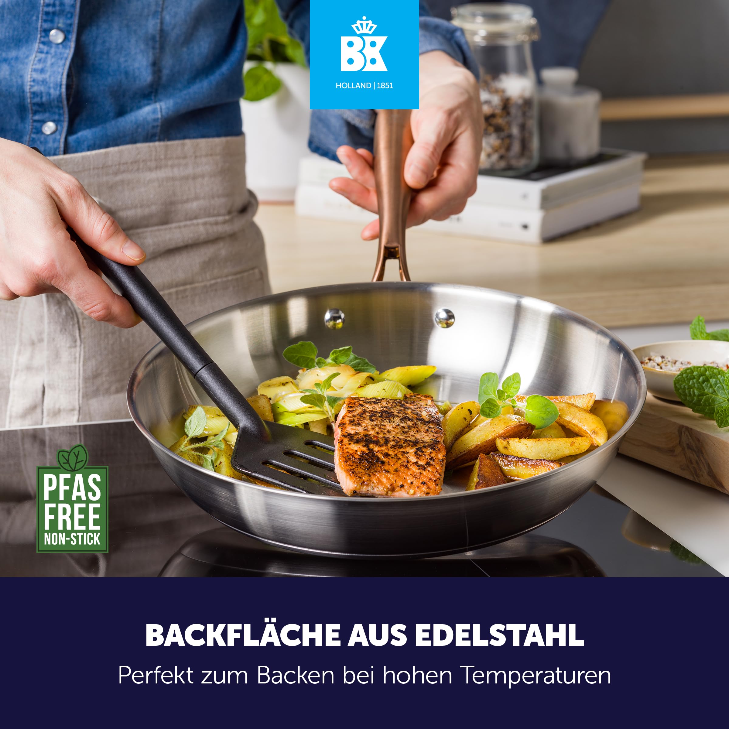 BK Rose Set di 3 Padelle in Acciaio Inox 18/10 Ø 20/24/28 cm, Senza Rivestimento, Compatibili Induzione, Lavabili in Lavastoviglie, Adatte al Forno, Argento