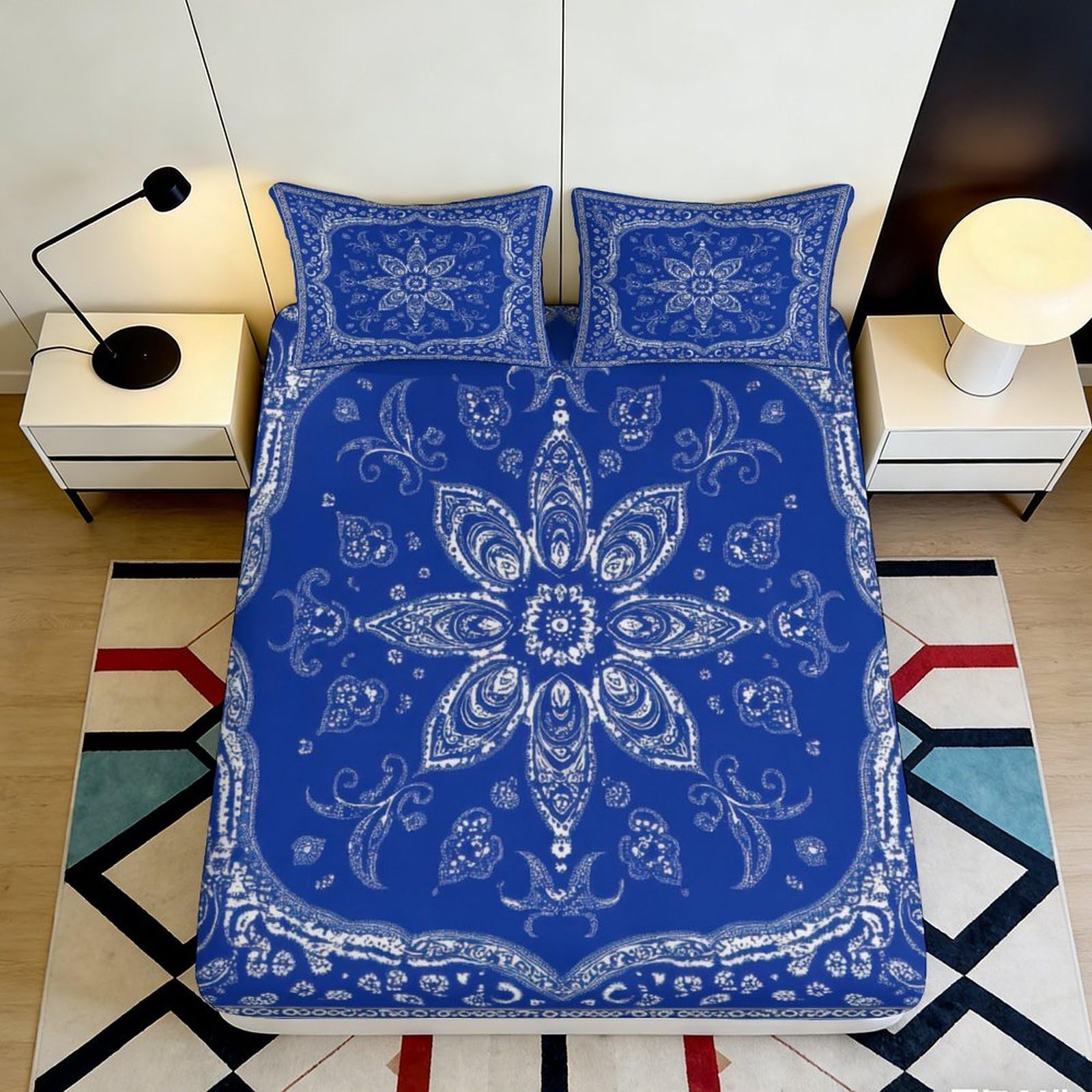3D Printed Blue Paisley Floral Fitted Sheet Microfiber Soft Bedroom Decor Mandala Mattress Cover for All Ages 200x200x25cm