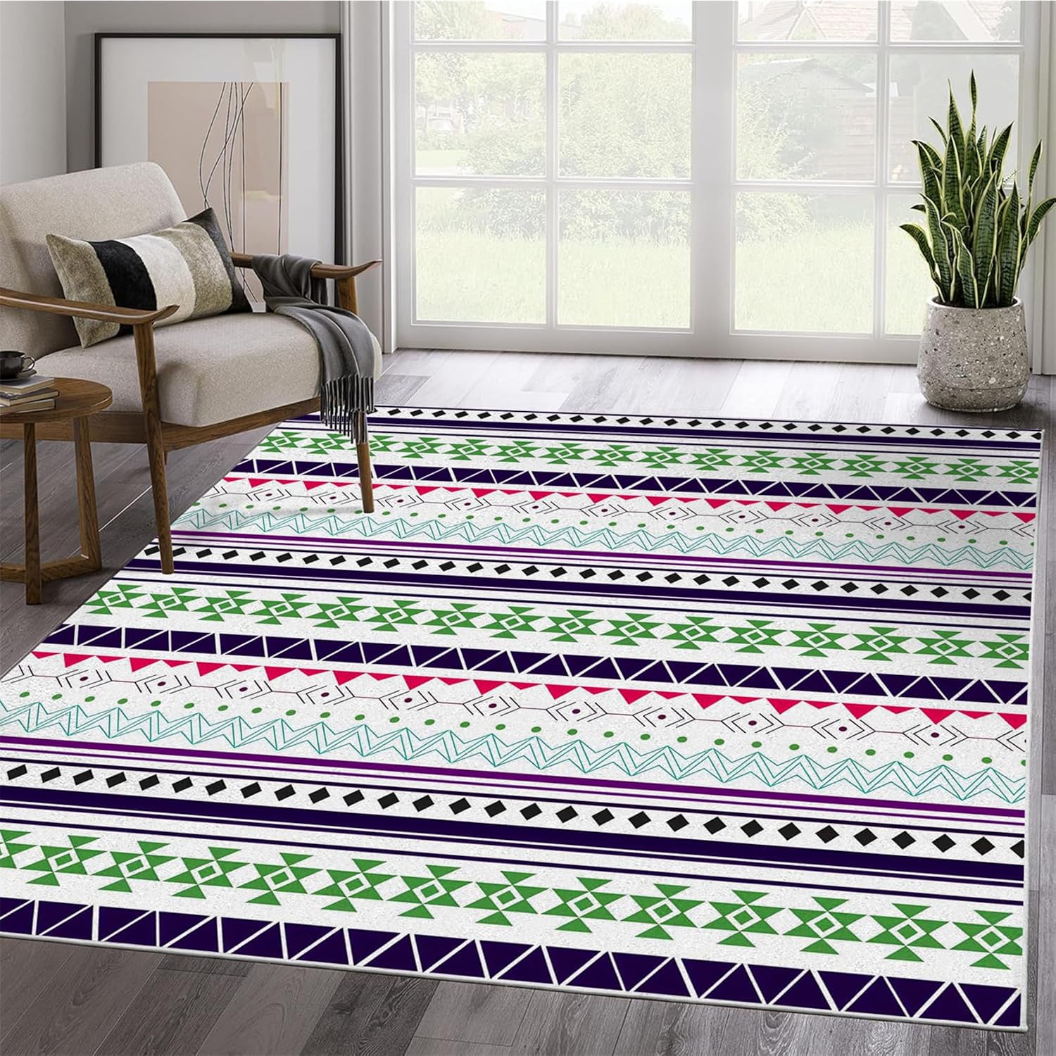 Christmas Rug Geometric Purple Washable Area Rug Living Room Rugs 5x5, Printe Floor Carpets for Bedroom, Low Pile Non Slip Rug Home Office Nursery Play Mat