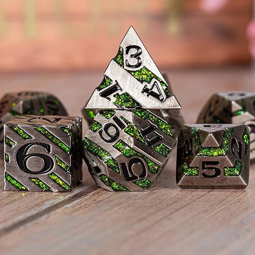 Miniatura 4 de Maywin Juego de dados de metal a rayas D&D, 7 dados de metal sólido con purpurina con caja de regalo, juego de dados poliédricos RPG para juego de