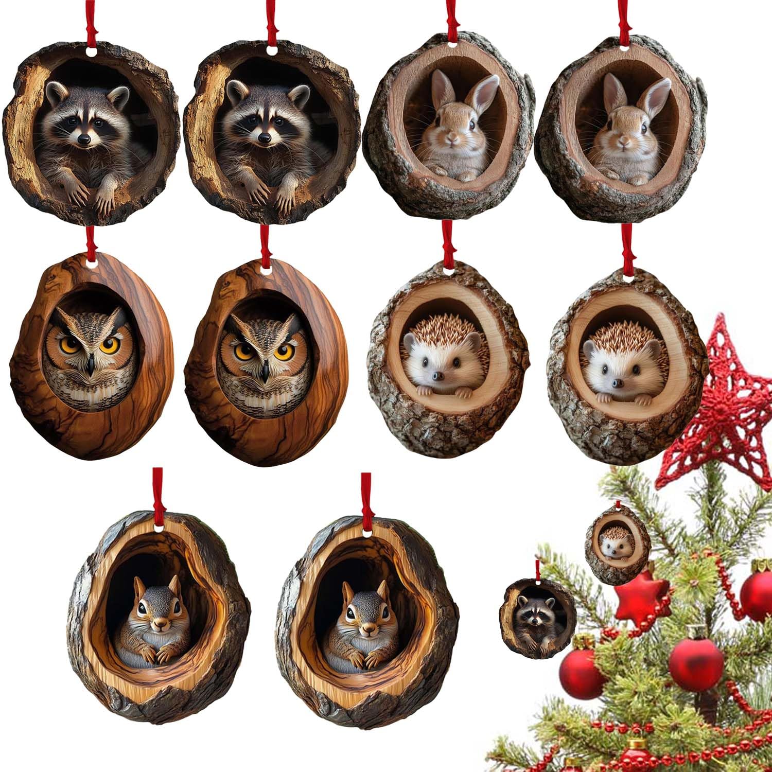 JYEVERC Cute Animal Christmas Tree Decorations, 10pcs Unique Acrylic Christmas Decorations, 2D Flat Acrylic Christmas Hanging Ornament, Christmas Tree Decorations for Animal Lovers