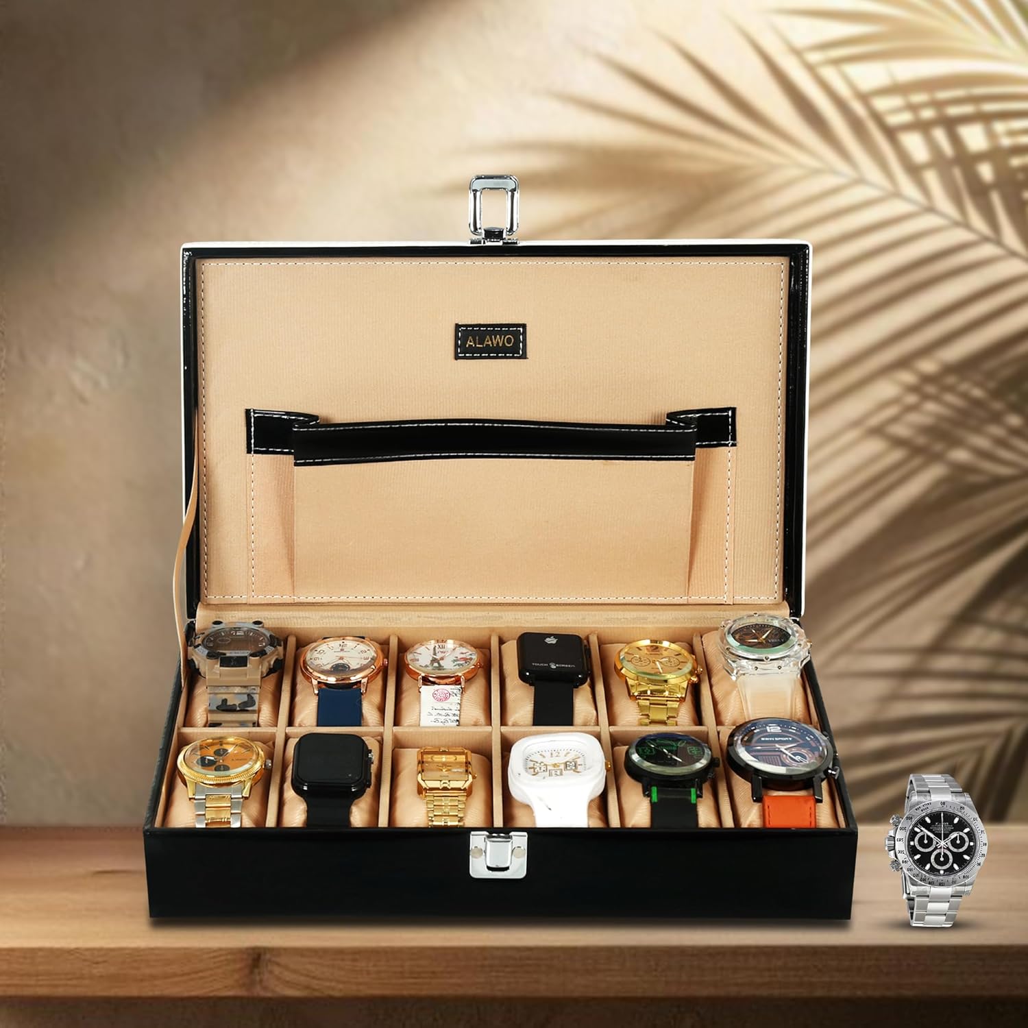 ALAWO Watch Box Holder Organizer in PU Leather with 12 Slots of watches in Black Color for Unisex