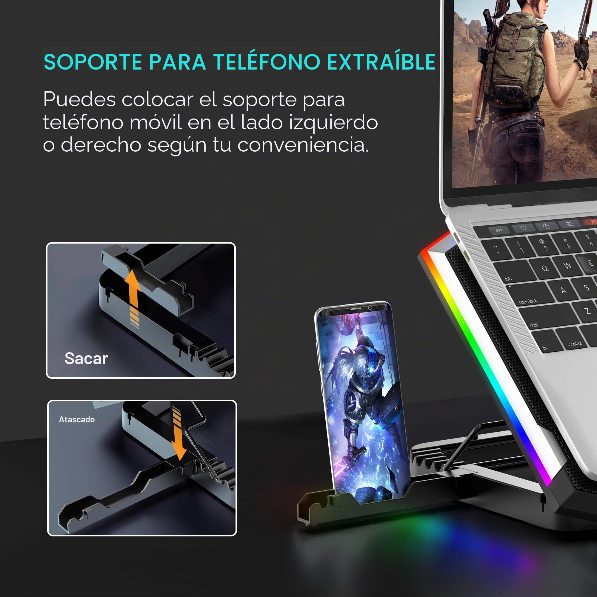 TopMate C11 Laptop Cooling Pad Silver Wing Cooler, RGB Lighting Laptop Cooler Fan Compatible 11-17.3" Laptop, 6 Fans Strong Wind and 7 Lighting Mode Adjustable Angle