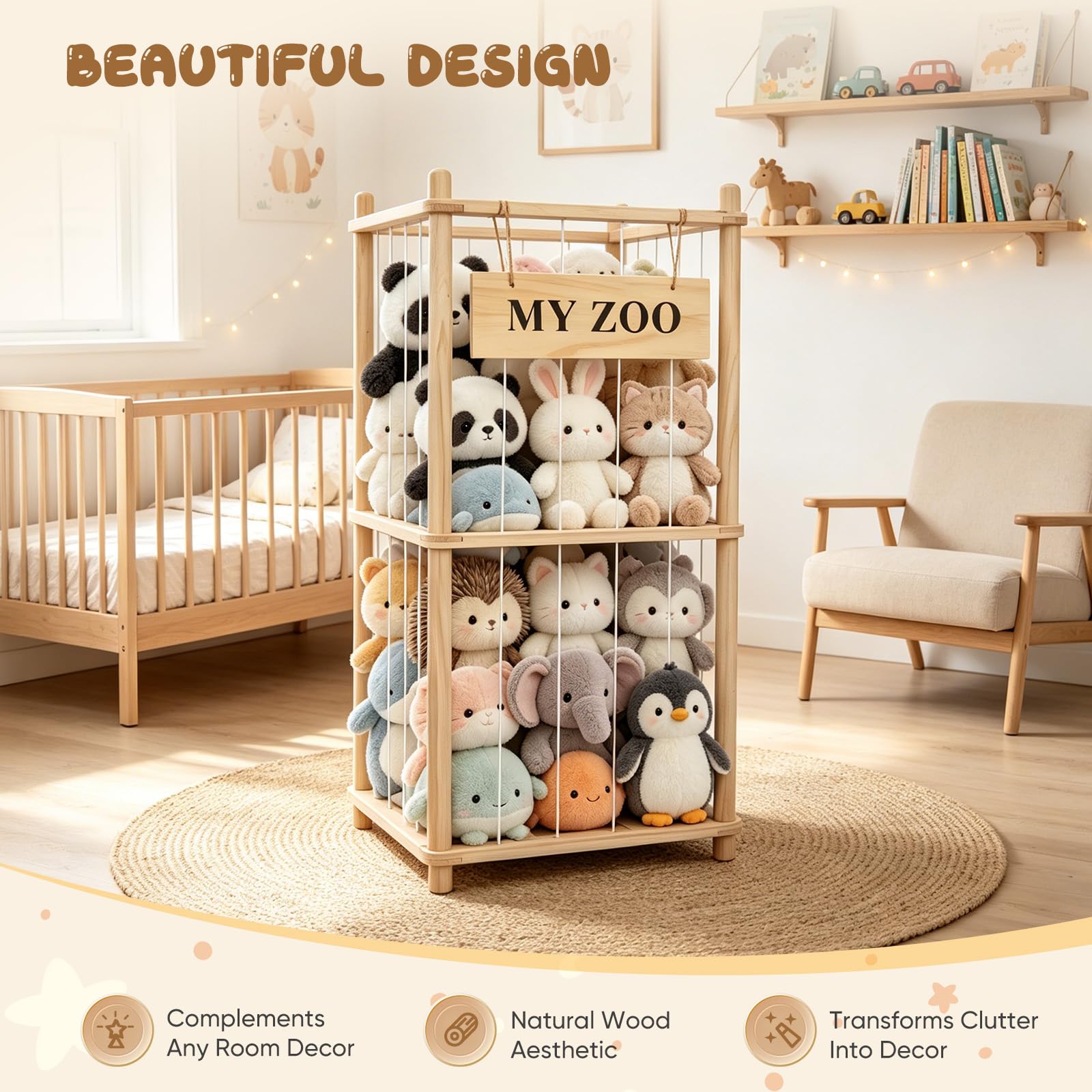Dtabiler - Organizador de animales de peluche de madera maciza, 95 x 40 x 40 cm, 2 niveles, diseño abierto, para habitación infantil y sala de juegos, de madera de pino