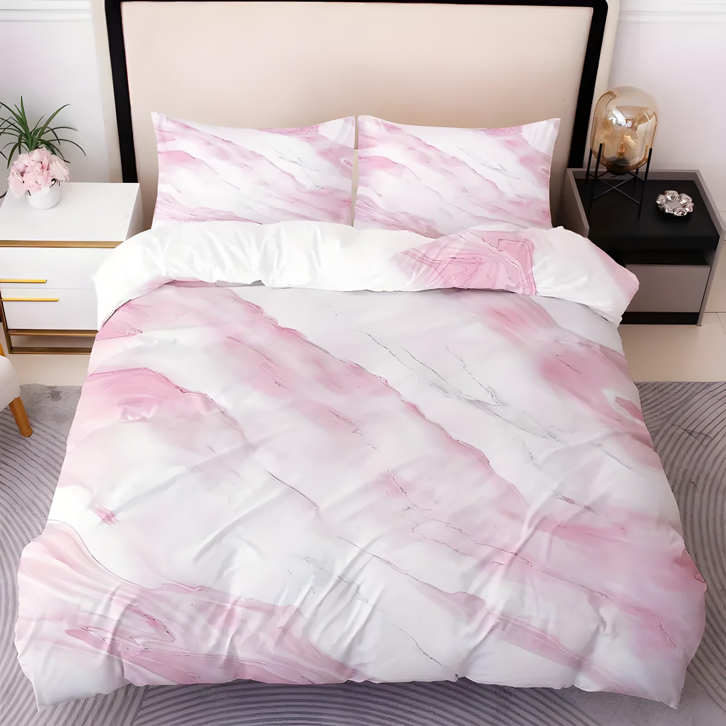 Housse de couette 220x240 rose et parure de lit marbre avec taies d'oreiller