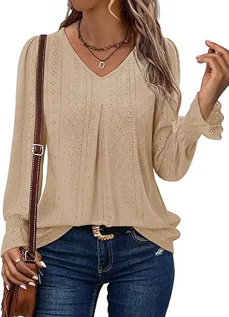 KISSMODA Long Sleeve Fall Shirts For Women V Neck Tunic Tops Embroidered Button Down Knitted Blouses 2025