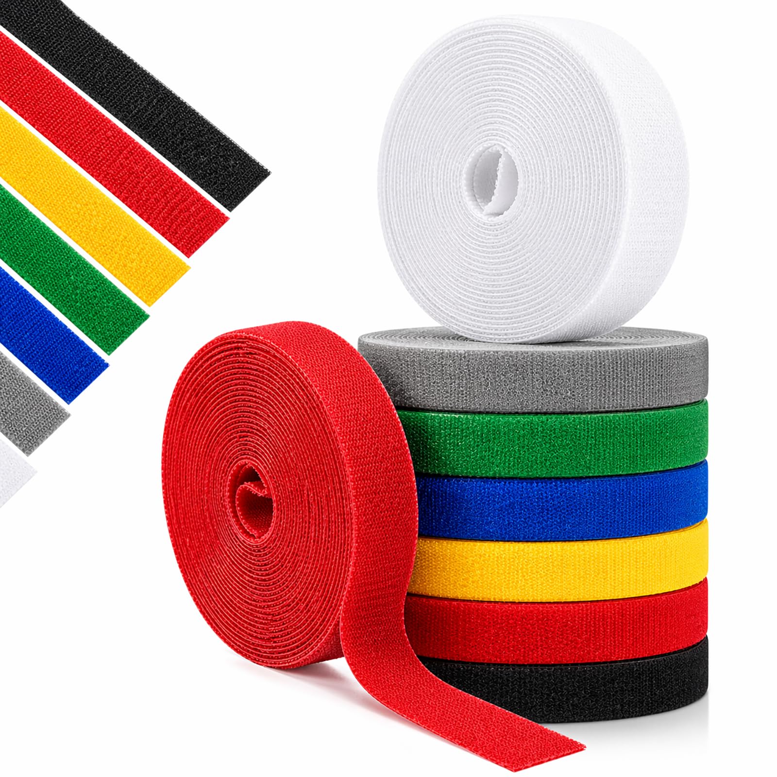 Reusable Cable Tie Roll, Cut-to-Length Hook and Loop Straps, 7 Colours
