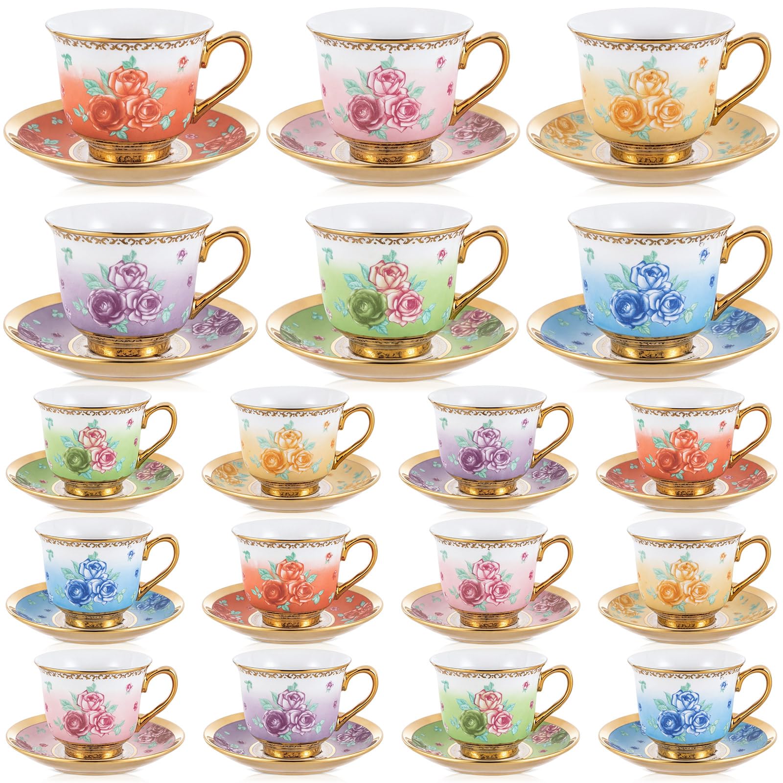 Teenyyou Set of 18 Tea Cups and Saucers, Gradient Floral Style, 5.4 oz