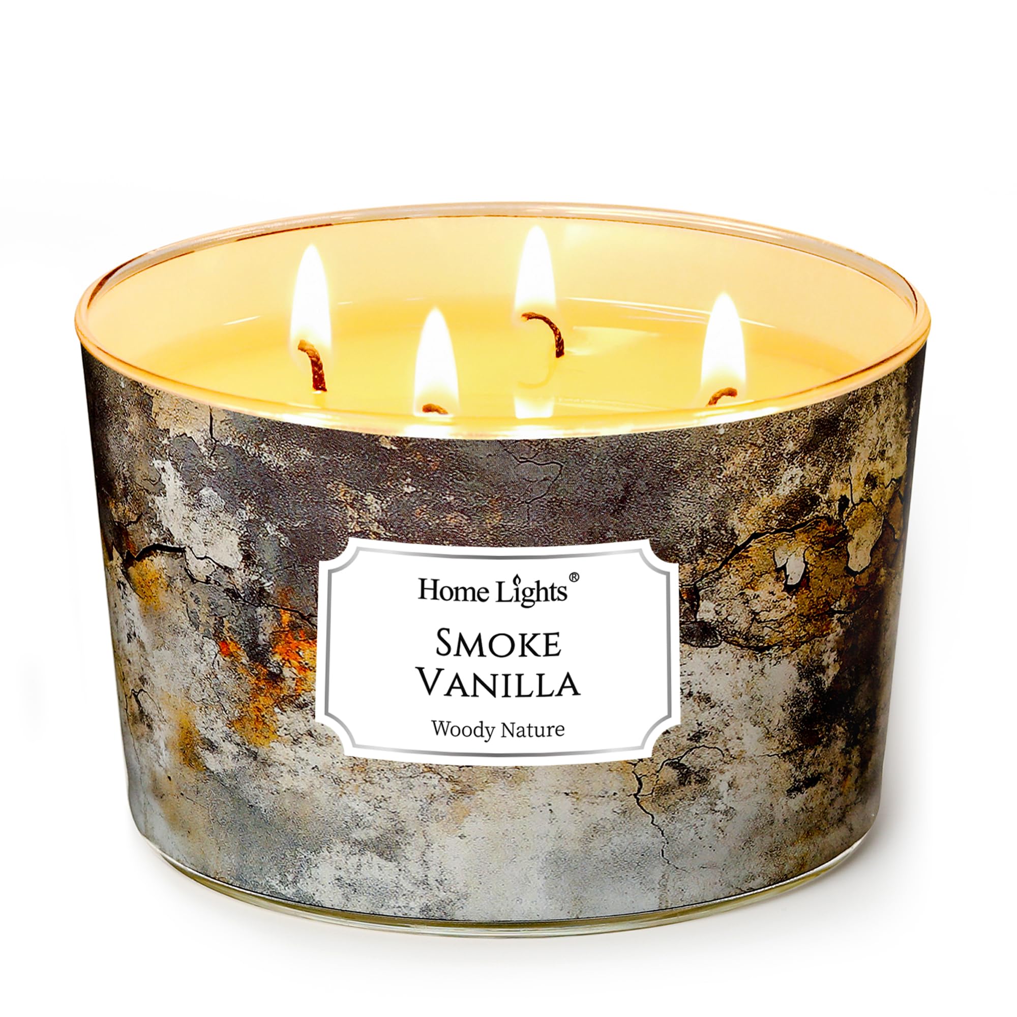 Home Lights Large jar Candle, 4-Wick Long-Lasting Scented Candles, 18oz Natural Soy Wax Candle for Home Scented, Industrial Chic Gifts for Women &amp; Men, Smoke Vanilla