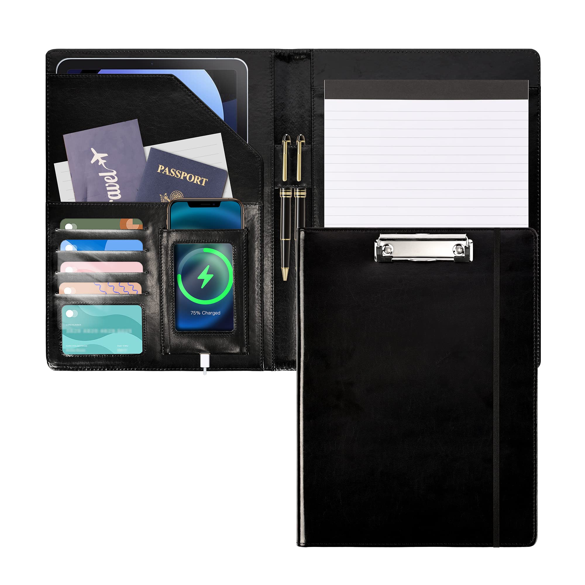 Leather Portfolio for Men Clipboard Notepad Business Black Padfolio Flexible Portfolios