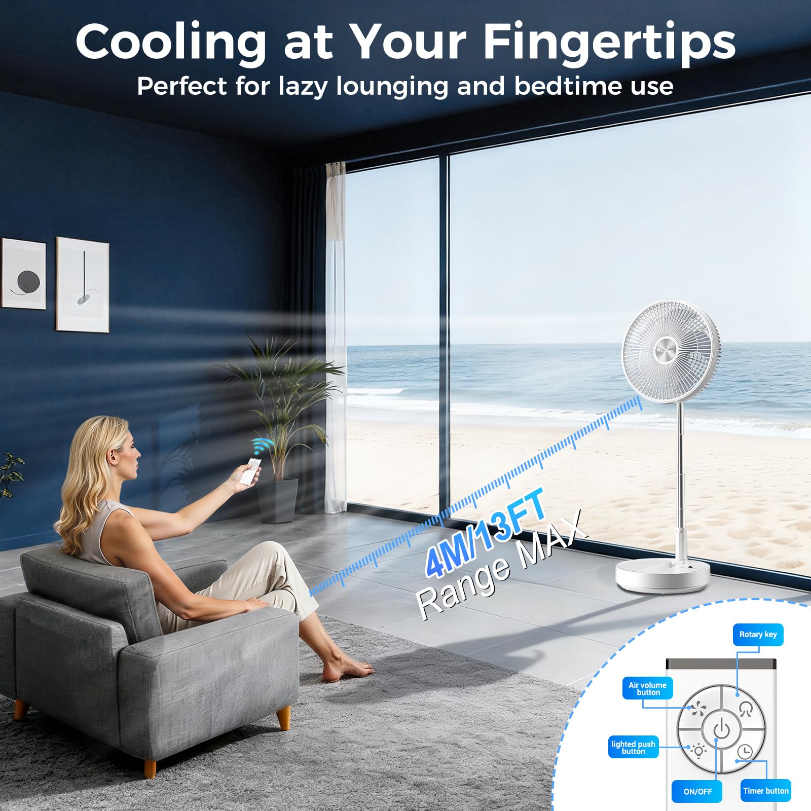 Marchpower leiser Standventilator mit Fernbedienung Timer klappbar Oszillation 4 Geschwindigkeitsstufen Akku höhenverstellbar 97cm