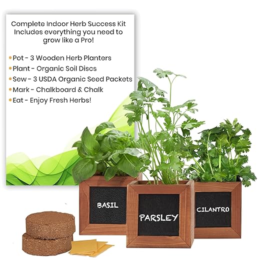 Indoor Herb Garden Kit with Wooden Herb Planters, Basil, Parsley & Cilantro Organic Herb Seeds. A Complete Gardening Kit with Everything to Grow Herb Plants. Great Gardening Gifts for Women & Men.…