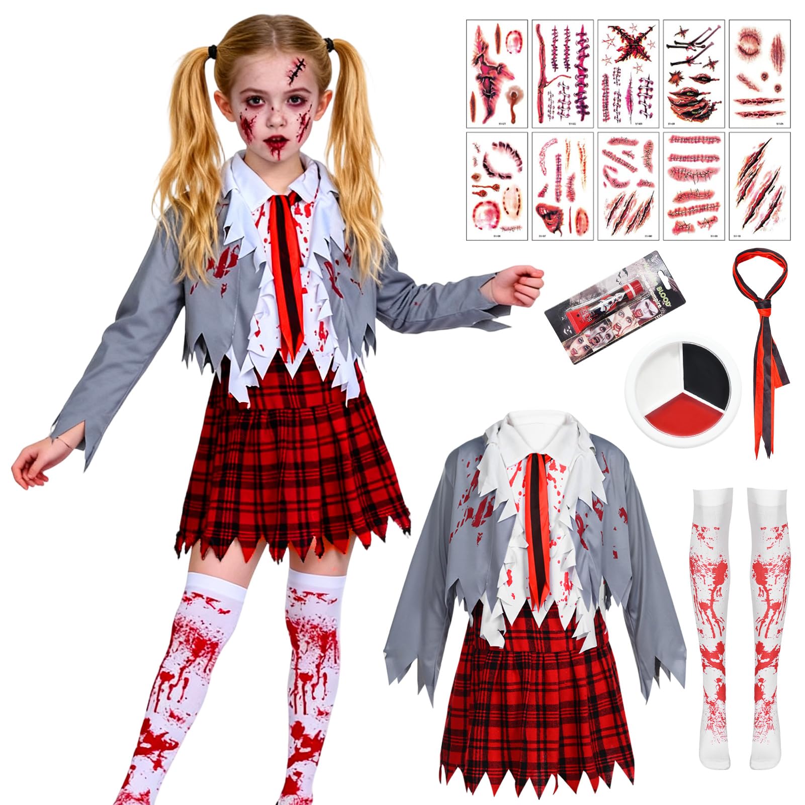 Aleshime Childs Halloween Zombie Schoolgirl Costume, Girls Halloween Scary Bloody Zombie Schoolgirl Fancy Dress Outfit (L(12-14 Years))