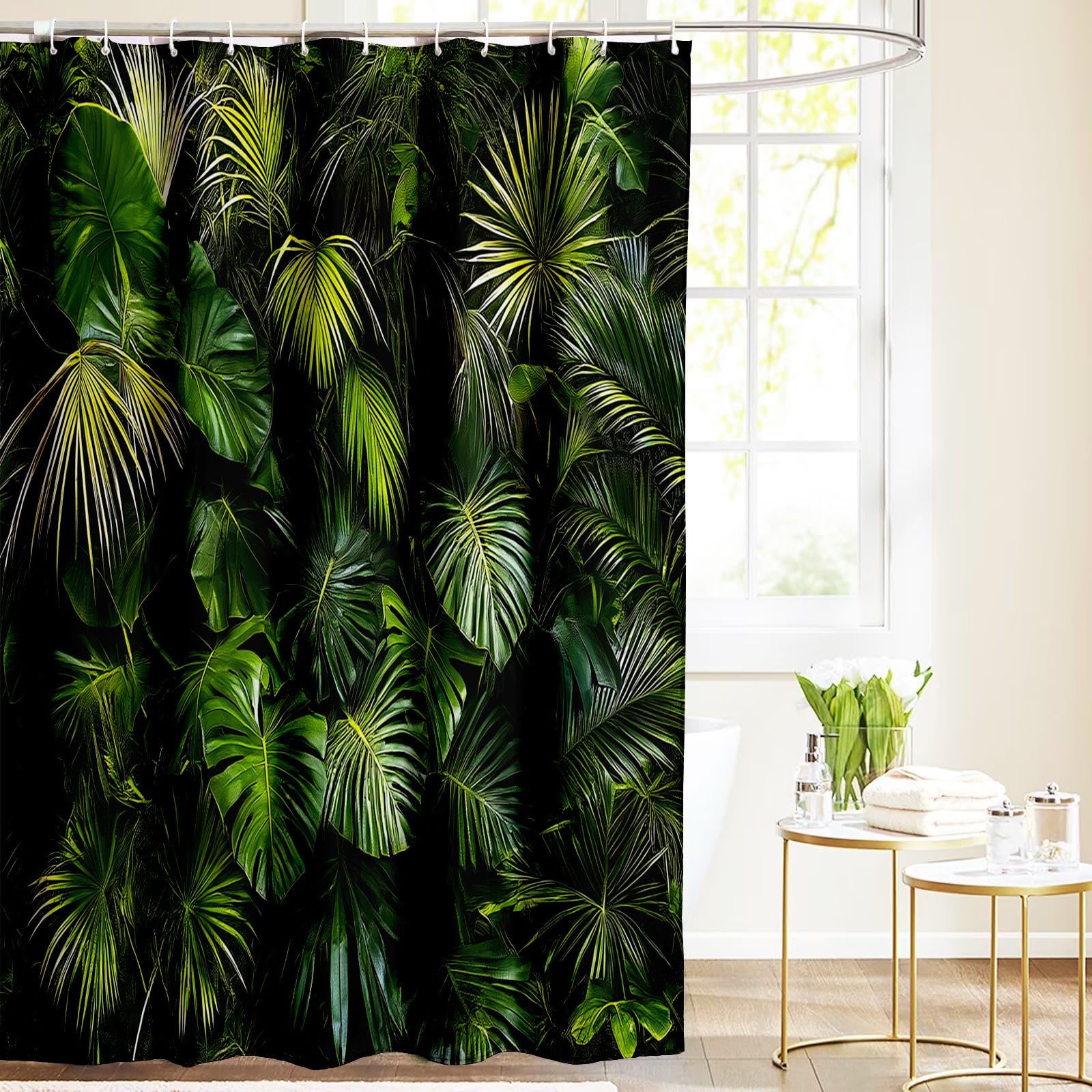 Rideau douche 200x200 feuilles de monstera avec 12 anneaux