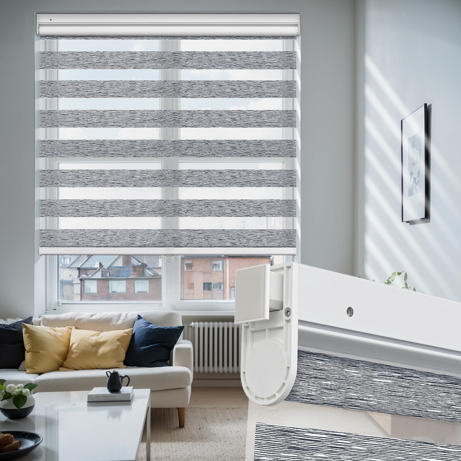 Moonice Cordless Zebra Roller Blinds No Drill No Tools Zebra Shades Dual Layer Day and Night Blinds Light Control Window Shades for Home Bedroom Kitchen (Dark Gray, 112cm W x 163 cm H)