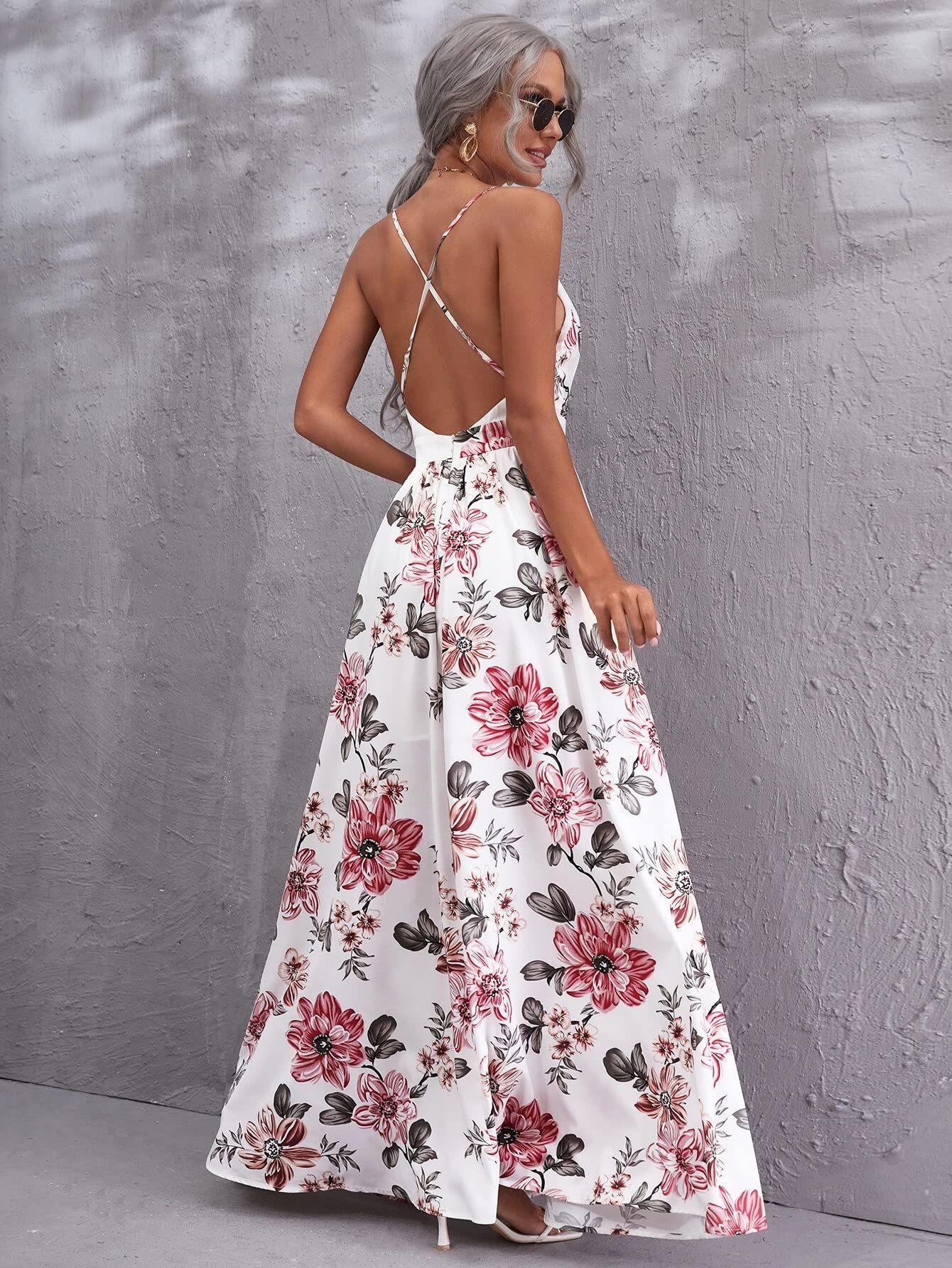 Amazon.com: Women's Dresses Floral Sleeveless Plunging Neck Crisscross  Backless Cami Dress For Summer Beach Party Casual : Clothing, Shoes u0026  Jewelry