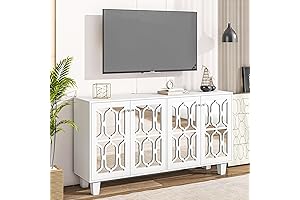 LUMISOL 63” Wide Modern Mirror TV Stand with Adjustable Shelves, Stunning White...
