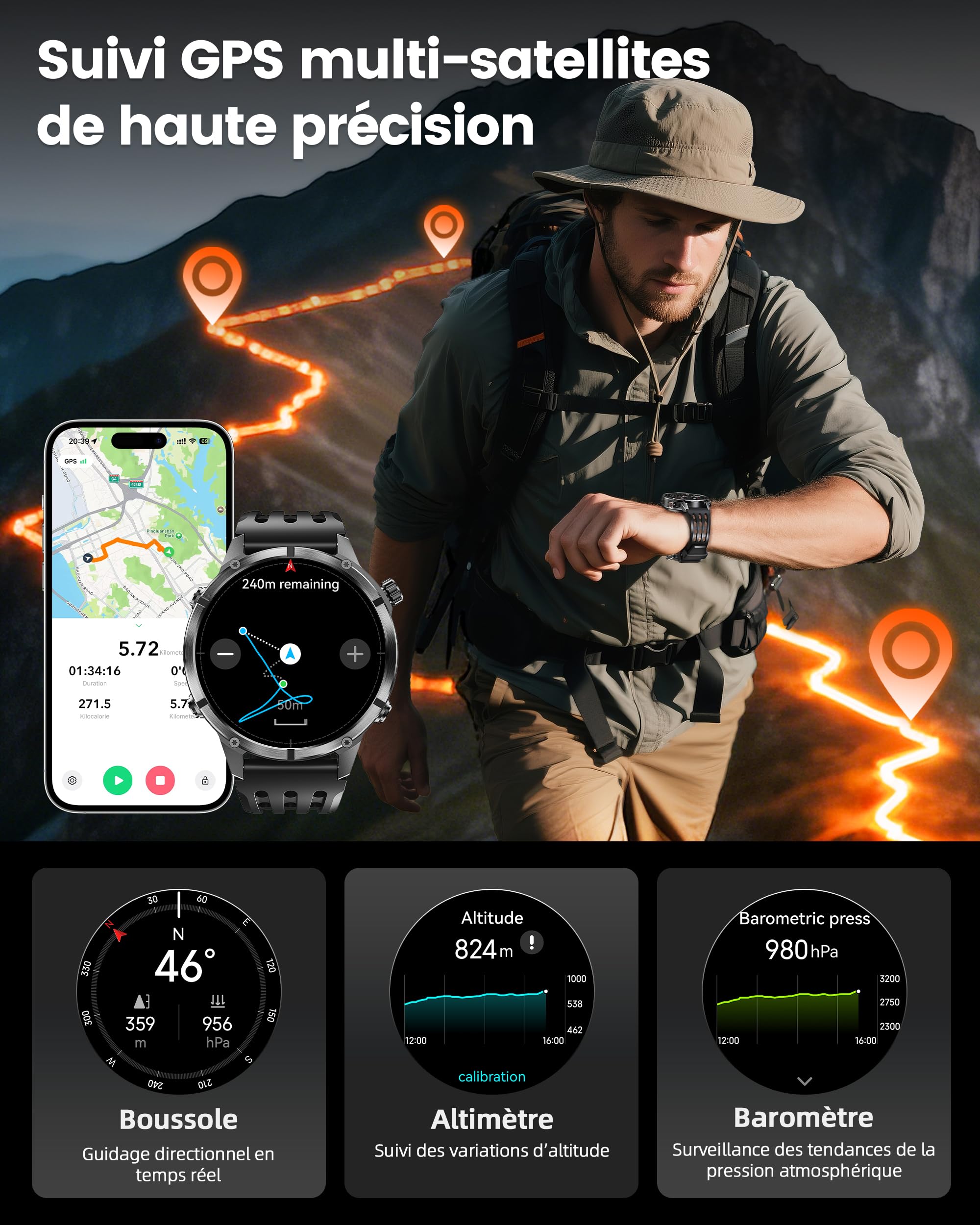 WalkerFit Smartwatch Uomo GPS 2025, Display AMOLED 1,43", Orologio Sport con Chiamate Bluetooth, Impermeabilità 5ATM, Autonomia Prolungata, 170+ Modalità Sport, Compatibile Android iOS (Nero)