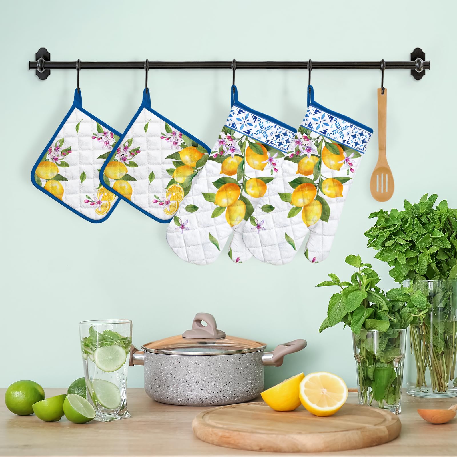 Arquiel Gants De Four & Maniques Légumes Lot De 2, 100% Coton Maniques Cuisine Gant Four Anti Chaleur Extra-Longue Pour Barbecue, Cuisine, Griller, Micro-Ondes