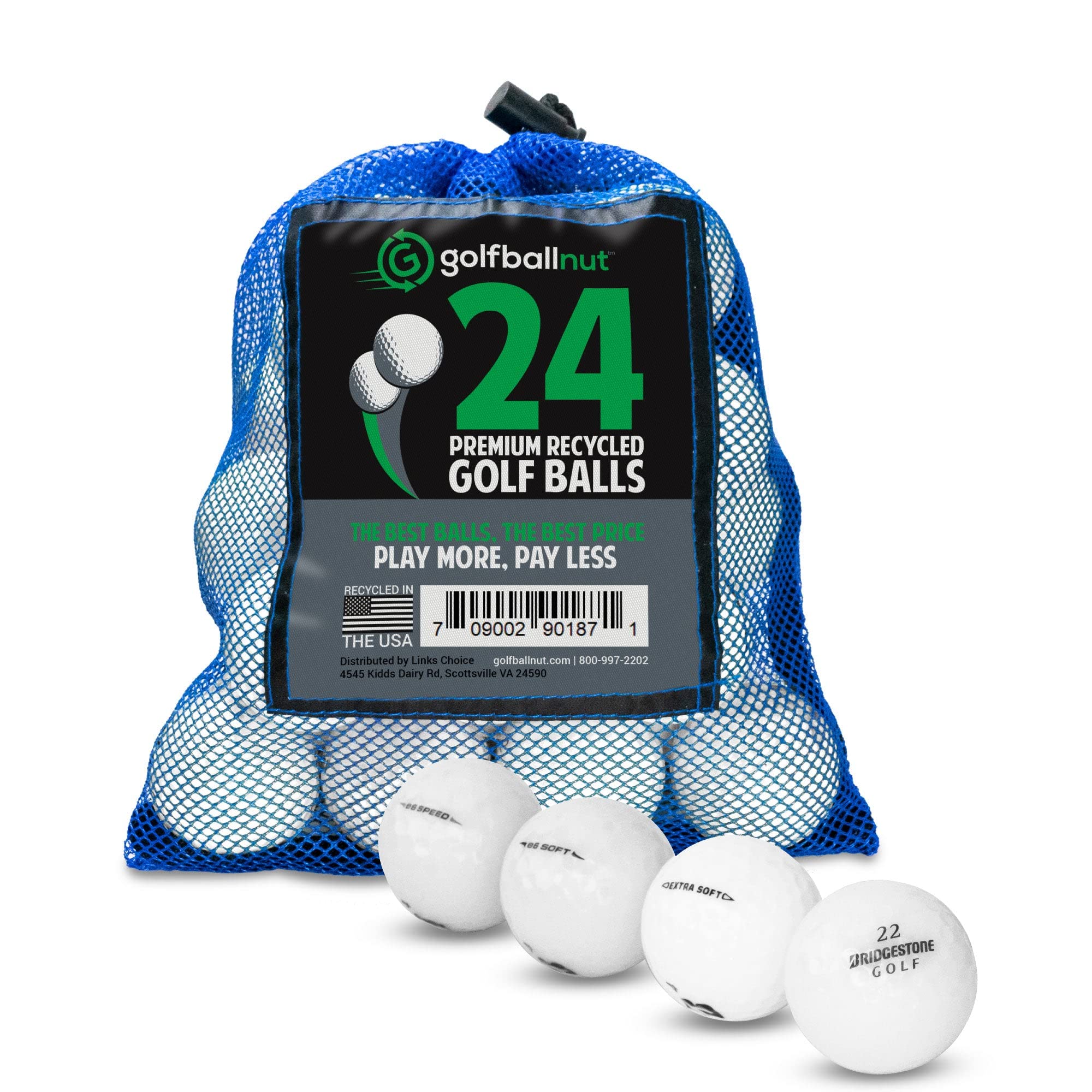 GolfBall Nut Used Recycled for Bridgestone White, Yellow or Mixed Colors 4A Quality Near Mint Golf Balls (White 24 Ball Mesh Bag)