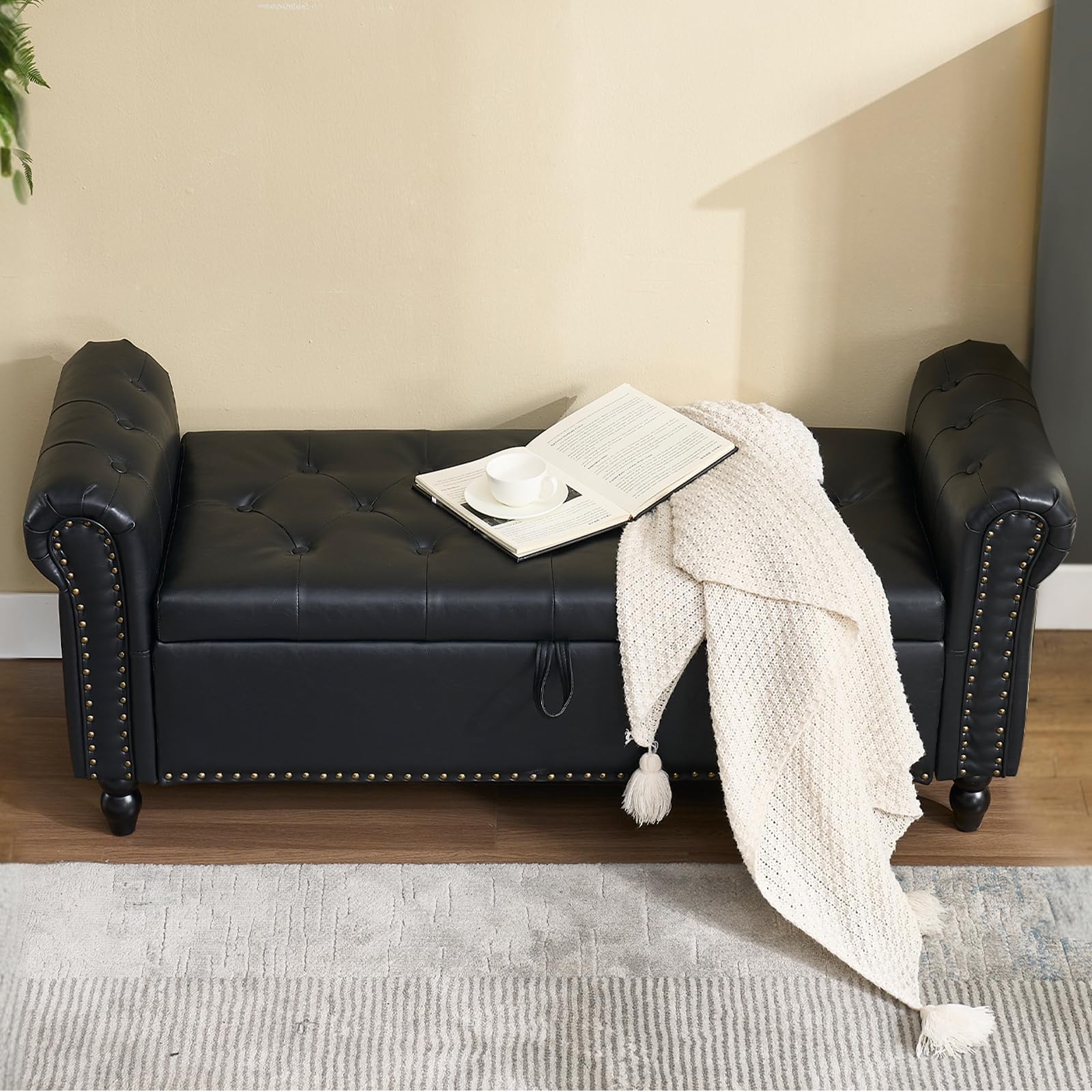 Furniliving Storage Ottoman Bench, Leather Benches End of Bed Bench with Solid Wood Legs Upholstered Ottoman Bench with Storage Indoor Bench for Living Room with Rolled Arm, Entryway, YellowBrown: 19.69"D x 55.12"W x 21.65"H Black-pu