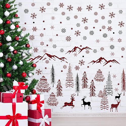 Miniatura 5 de Teling 8 calcomanías de pared de copo de nieve de invierno, decoración de invierno para habitación de niños (cuadros rojos y negros)