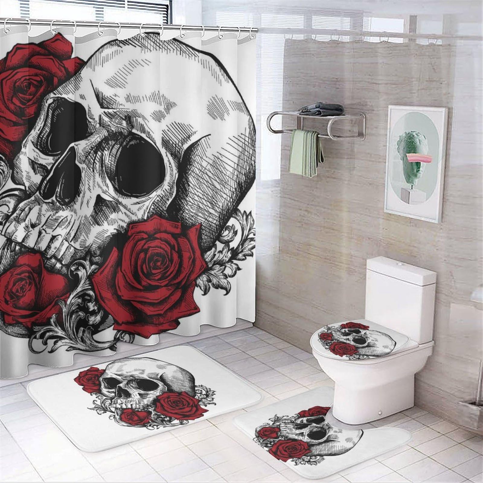 JZemdybill Bathroom Mat Set 4 Piece, Skull with Roses Shower Curtain with Non-Slip Bath Mats for Bathroom