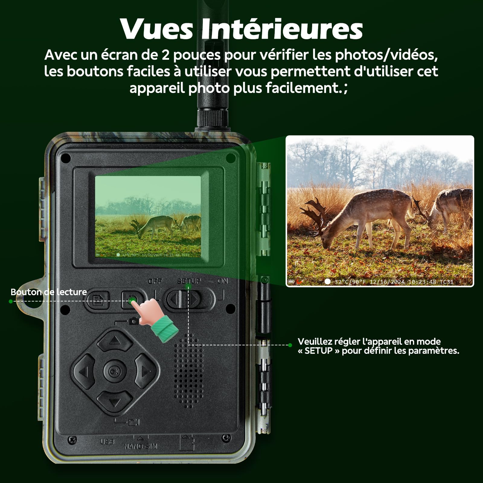Caméra de Chasse 4G connectée, Carte SIM, Application, 32 MP, 1080P, IP66 | Vision nocturne infrarouge, détection PIR, 2 LED 850 nm, accès via application – forêt, terrain, chasse et faune sauvage