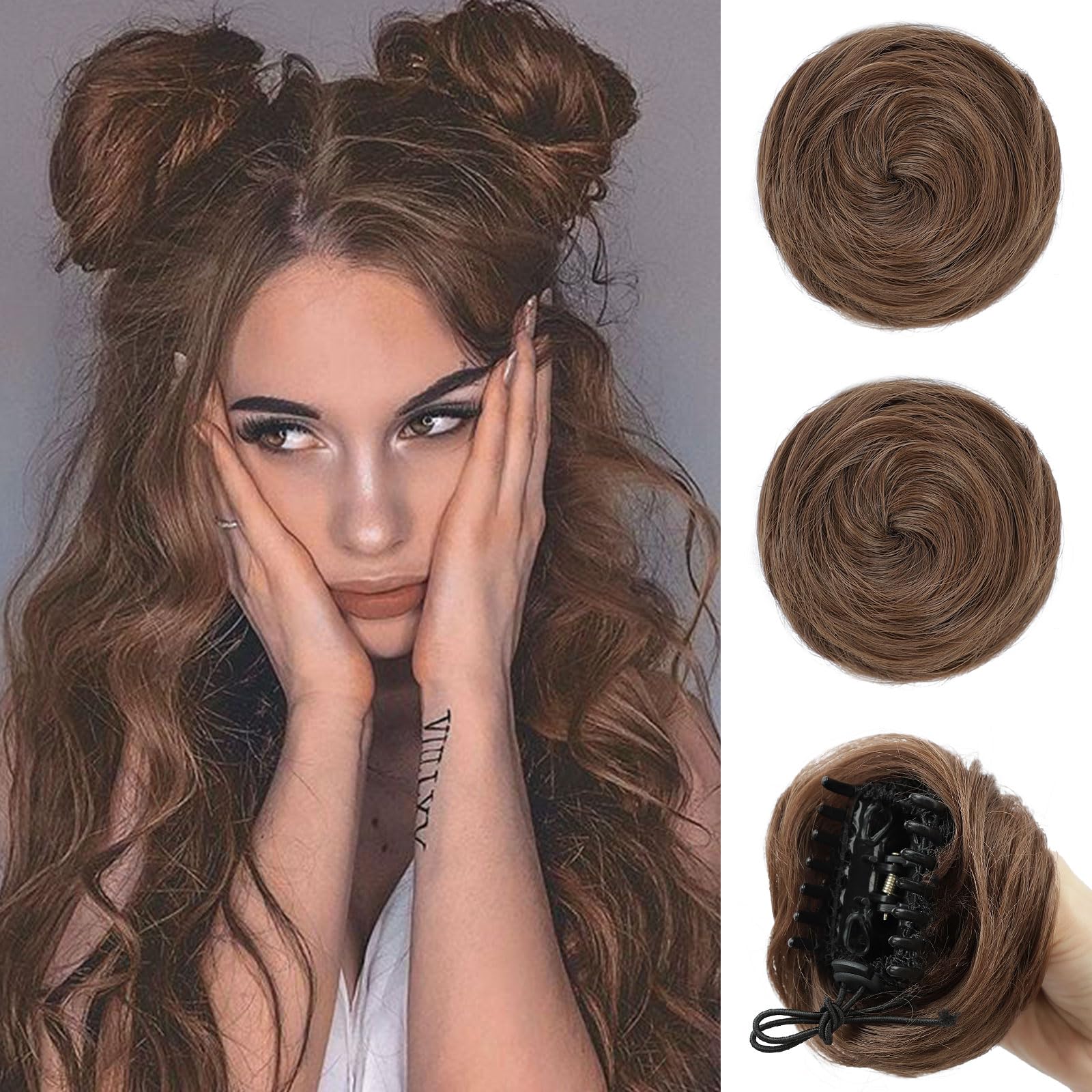 BOGSEA 2PCS Space Bun Hair Pieces,Mini Claw Clip in Hair Bun Synthetic Scrunchies Princess Leia Buns Hair Extension Space Buns Clip in Hairpieces for