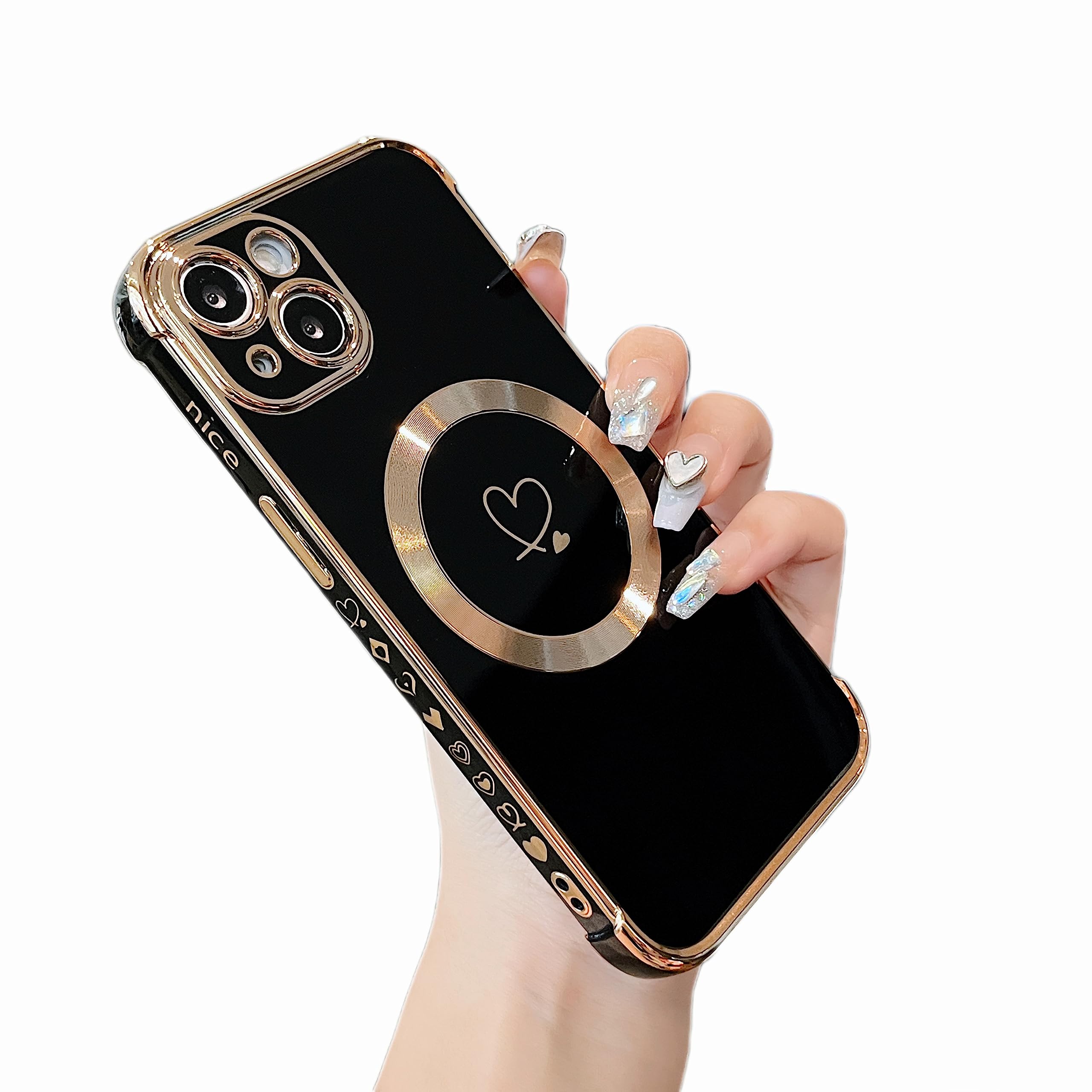ZTOFERA Magnetic Case for iPhone 13 Case 6.1 inch [Compatible with MagSafe] Cute Plating Love Hearts Pattern Case with Camera Protection,Soft Shockproof TPU Bumper Cover for Women Girls,Black