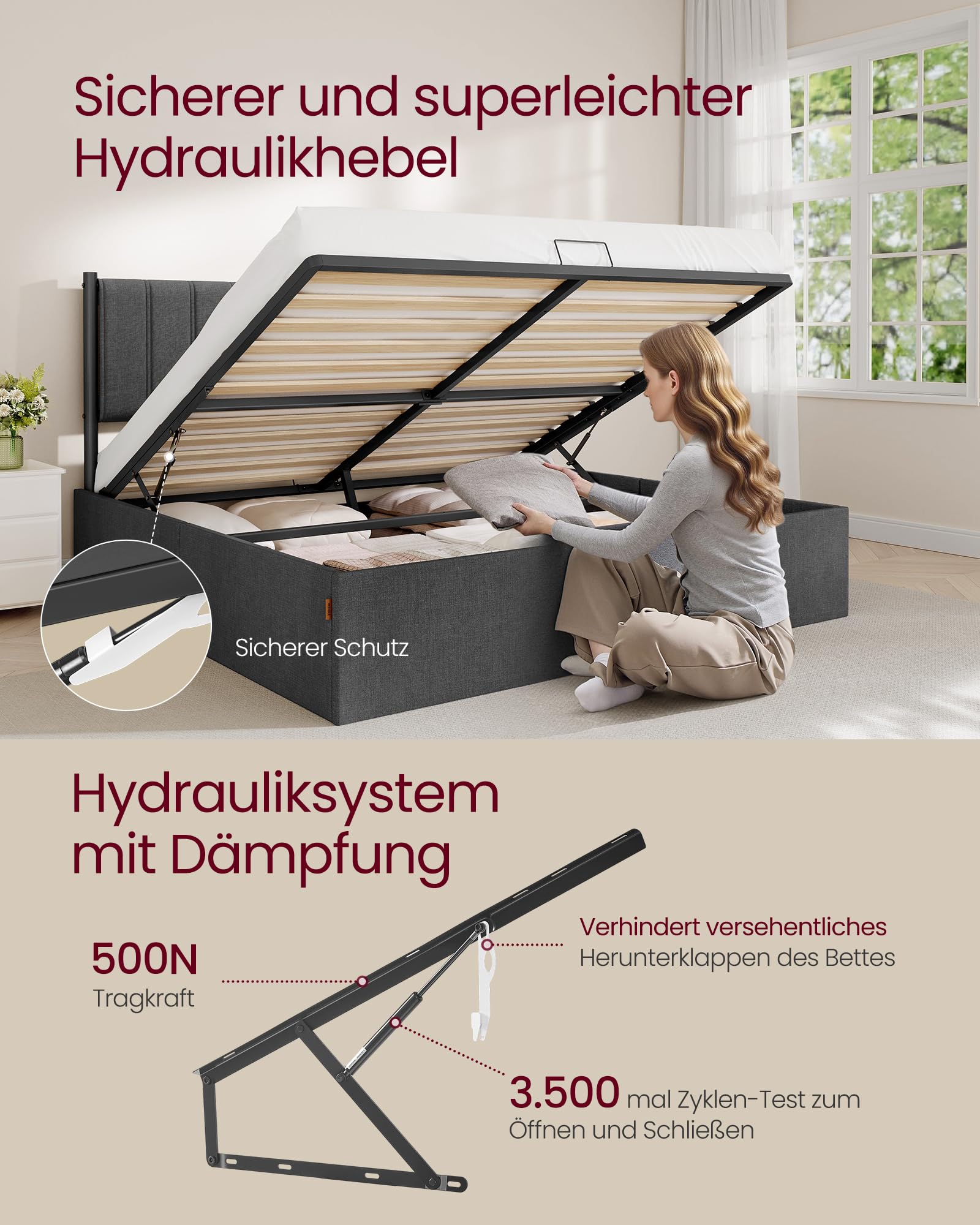 VASAGLE Bettgestell, Bettrahmen, Bett, 180 x 200 cm, klappbar Lattenrost, Unterbettaufbewahrung, Kopfteil, Hydrauliksystem, modern, einfache Montage, schiefergrau RMB618GN01