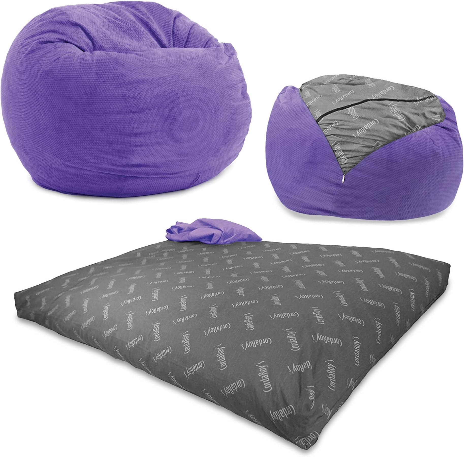 CordaRoy's Chenille Bean Bag Chair, Convertible Chair Folds from Bean Bag to Lounger, As Seen on Shark Tank, Very Peri Purple - Queen Size