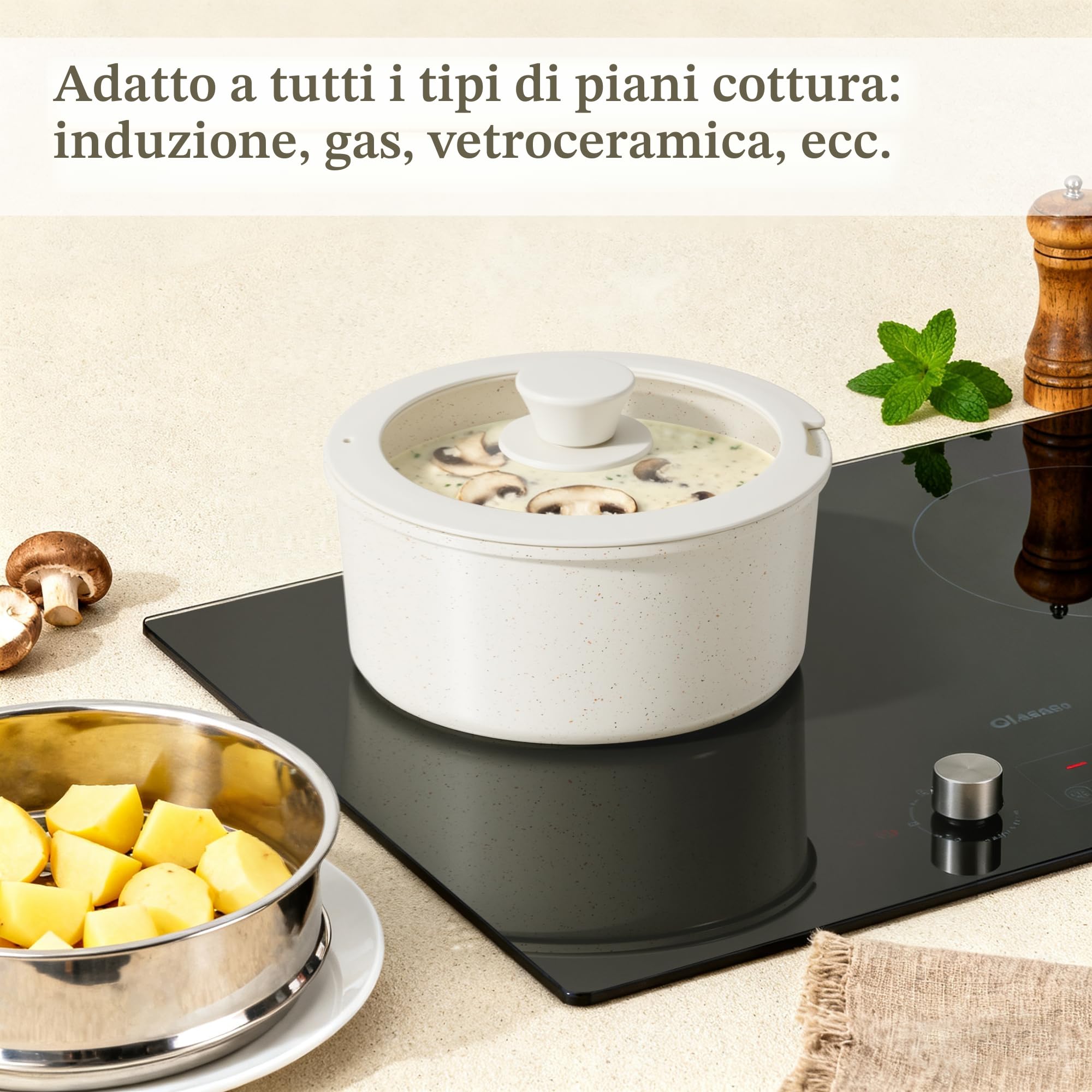 RIOVARM Induzione Set di pentole e padelle con manici staccabili, Antiaderente Padelle grill, Impilabile Casseruole con coperchi, Padella per omelette Senza PFOA, per tutti i tipi di fornelli