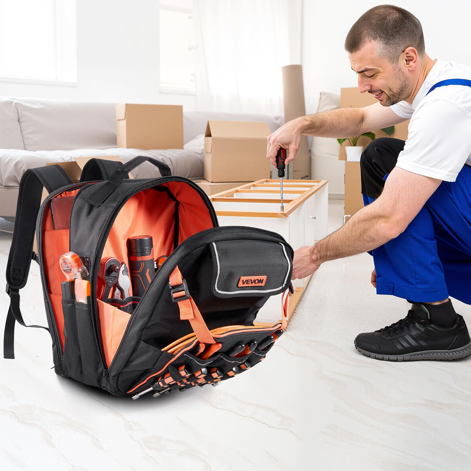 VEVOR Sac à Dos à Outils, Charge 22,7 kg, Sac à Outils, 33x22x44 cm, avec 45 Poches, Compartiment Ordinateur Portable, Base Stable, Organisateur à Outil Robuste pour Chantier, Électricien, Réparateur