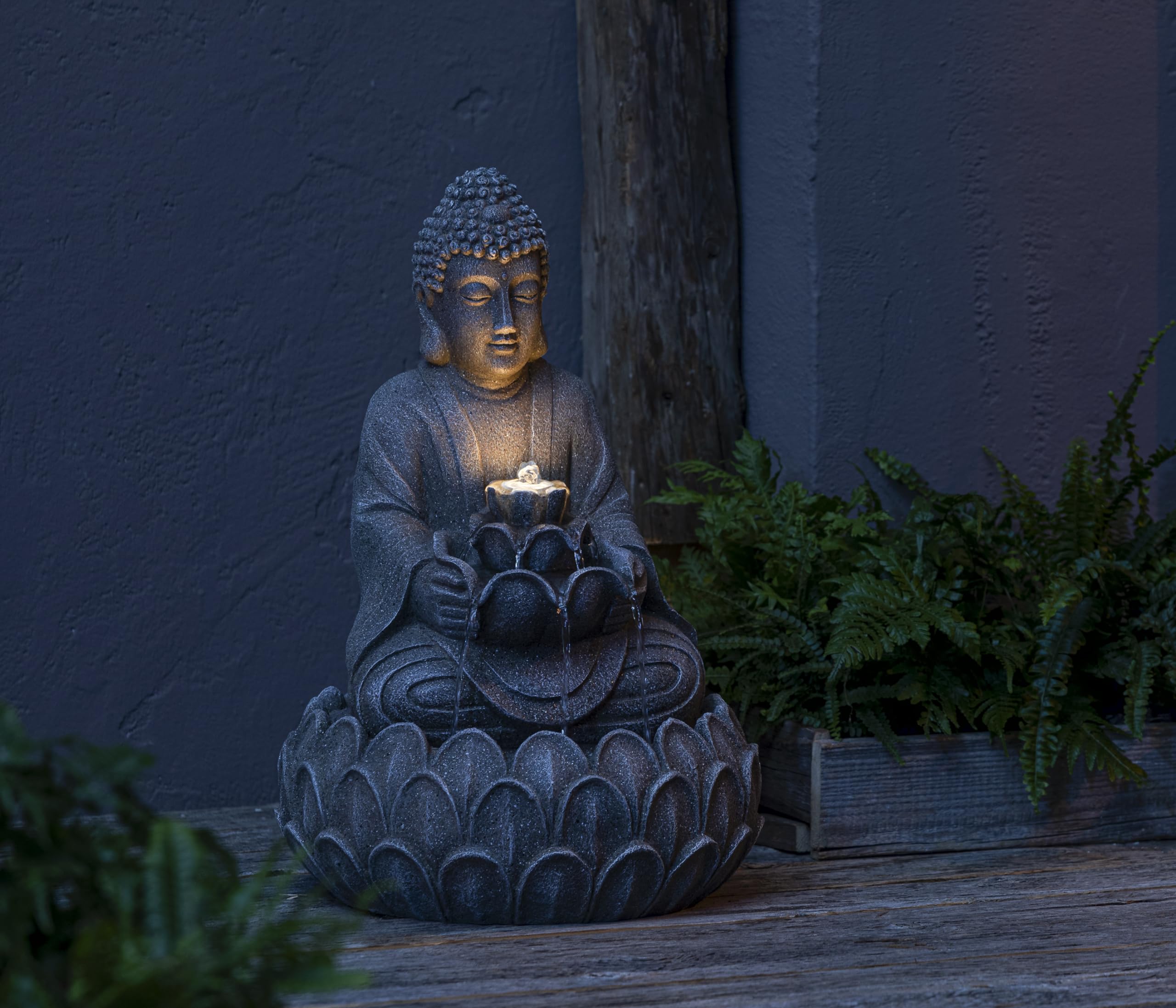 Dehner Gartenbrunnen Yoga, Outdoor-Brunnen, mit LED-Beleuchtung, solarfähig, ca.36,5x55x36,5 cm, Polyresin, grau