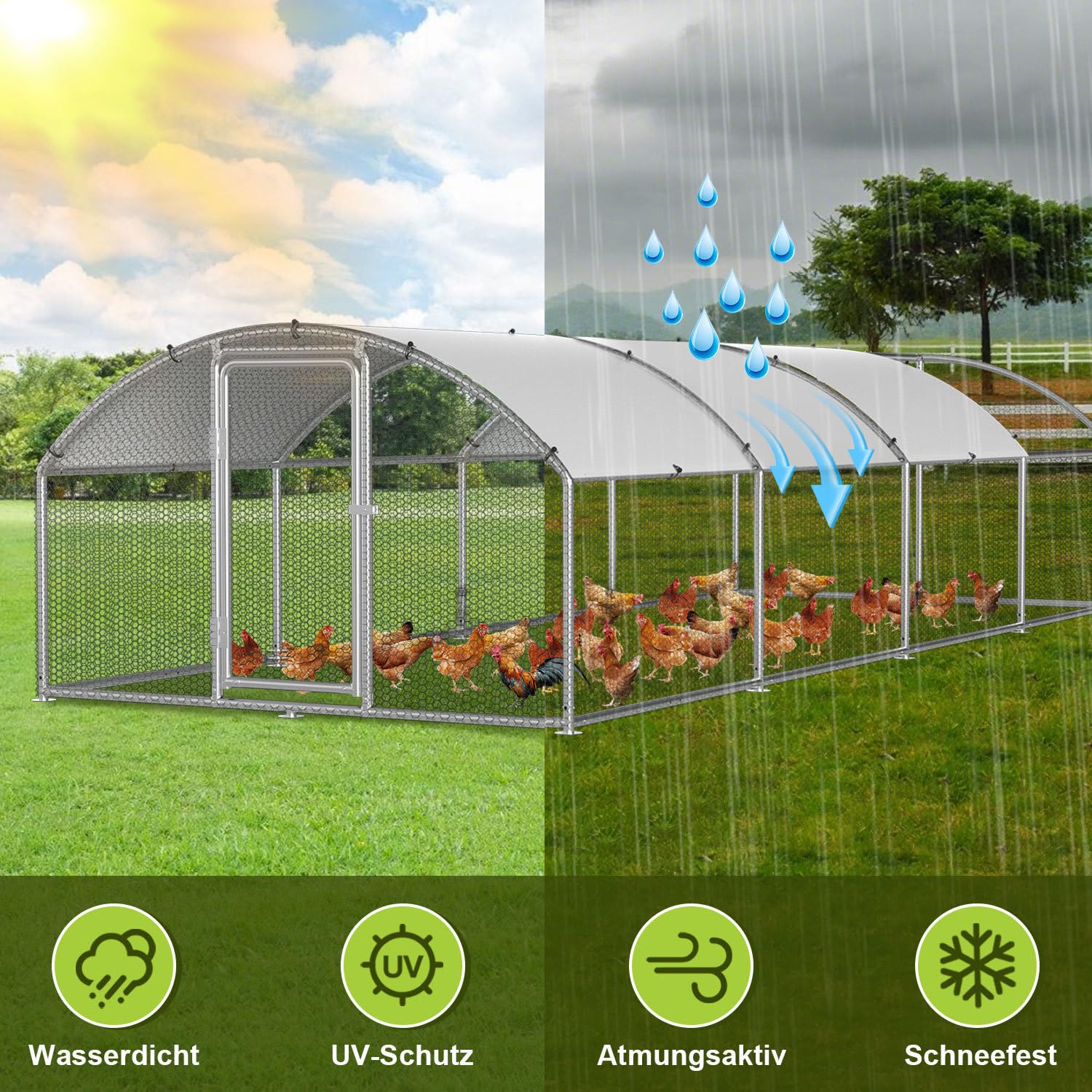 Gallinero de 3 x 8 x 2 m, recinto para gallinas, gallinas, acero galvanizado, para gallinas, caseta de conejo, cúpula, tejado, ganso, palomas y codornices, recinto de metal con red