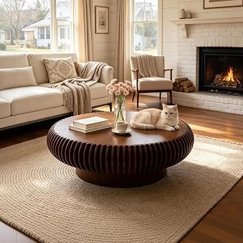 39.37" Round Drum Coffee Table, Modern Fluted Round Coffee Table