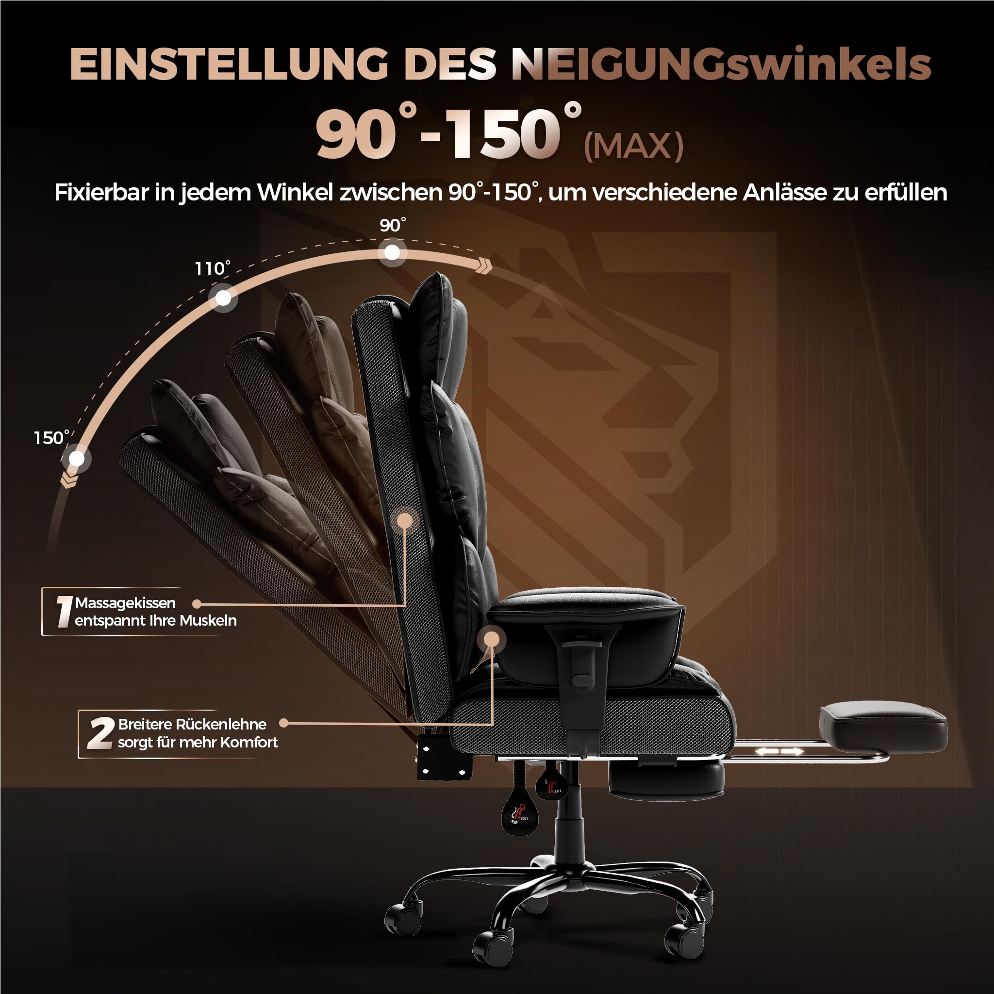 Froadp Chefsessel Ergonomisch PU-Leder mit Fußstütze Liegefunktion Schwarz | Extra Dickem Sitzkissen, Verstellbaren Armlehnen & Rückenlehne, Höhenverstellbar 126-136cm, Für Langes Sitzen