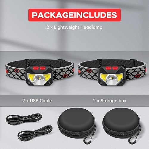 Miniatura 6 de Linterna frontal LED recargable, paquete de 2 linternas impermeables con sensor de movimiento, 1000 lúmenes brillantes, 30 horas de tiempo de