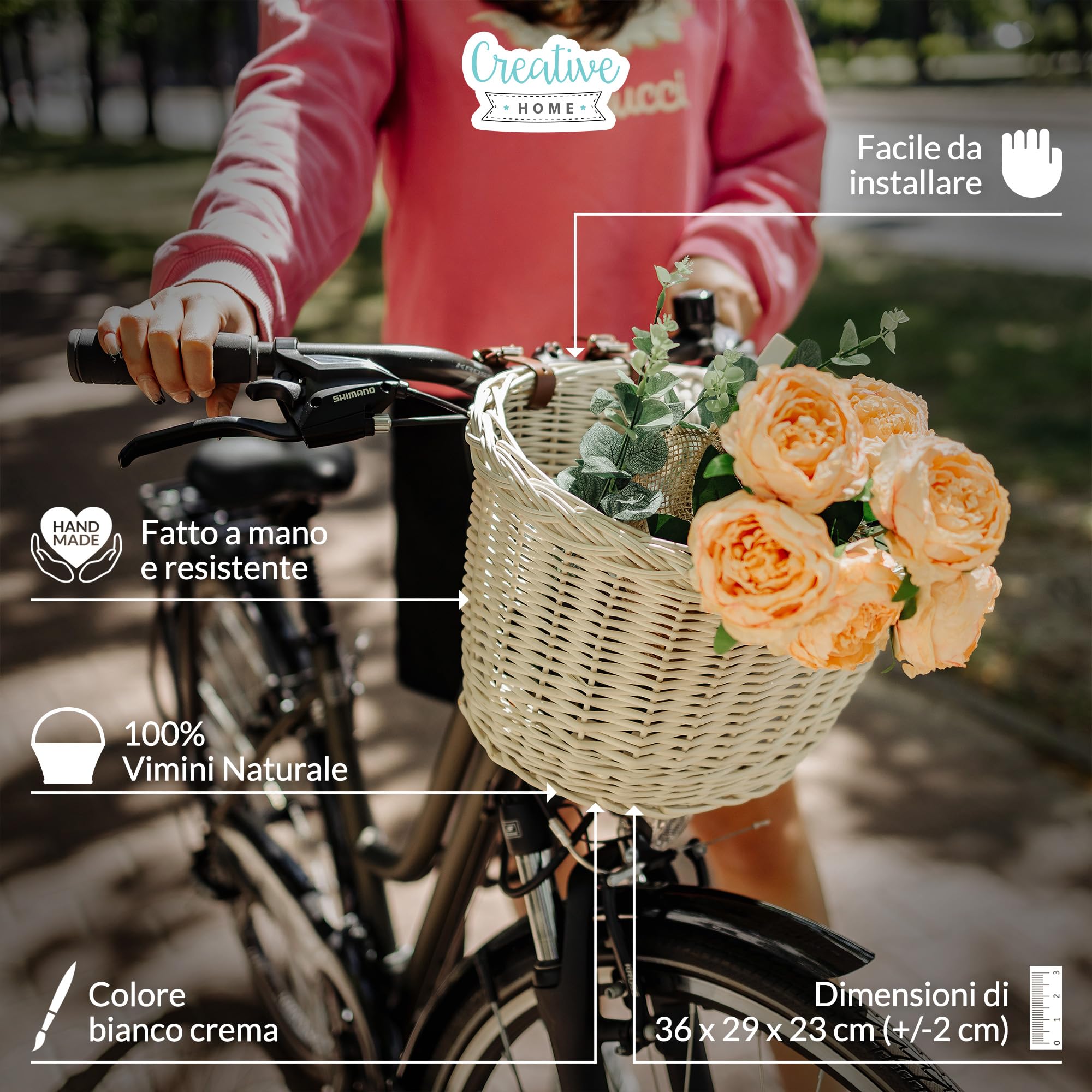Creative Home Cestino da Bicicletta in Vimini Bianco 36 x 29 x 23 cm | Salice Bianco | Cestino Portaoggetti Intrecciato a Mano | Cestino Anteriore Facile da Montare con Cinghie | Cestino per Spesa