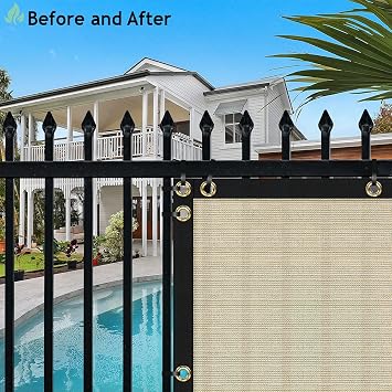 SunnyRoyal 3'x17' Privacy Fence Screen 180GSM Heavy Duty Windscreen Net Fabric Cloth with Brass Grommets Perspective Block UV Resistant Commercial Grade for Outdoor Patio Backyard Garden, Beige
