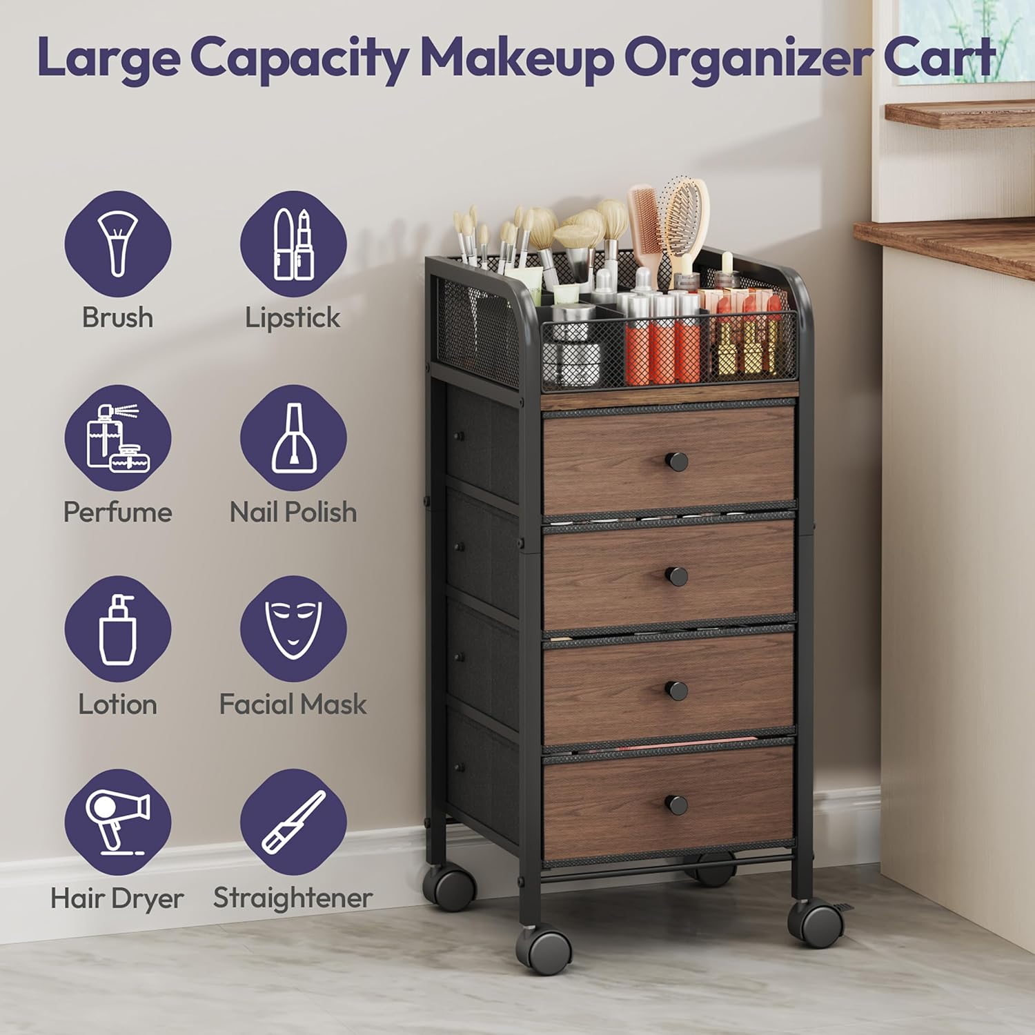 SWTYMIKI Rolling Makeup Organizer Cart - Under Desk Vanity Makeup Storage with 3 Non-woven Drawers, Nail Cart Organizer Cosmetic Display Cases Cabinet for Skin Care Perfume Nail Polish Brush Hair Tool