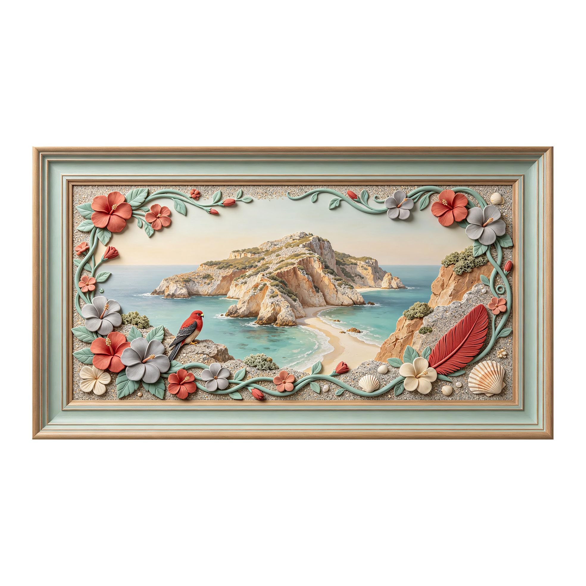 Murasolite 3D 3D Framed Wall Art 50cm×90cm Coastal Beach Landscape Floral 3D Effect SelfAdhesive Fabric Mural Wall Decor, Peel and Stick No Damage to Wall for Bedroom Living Room