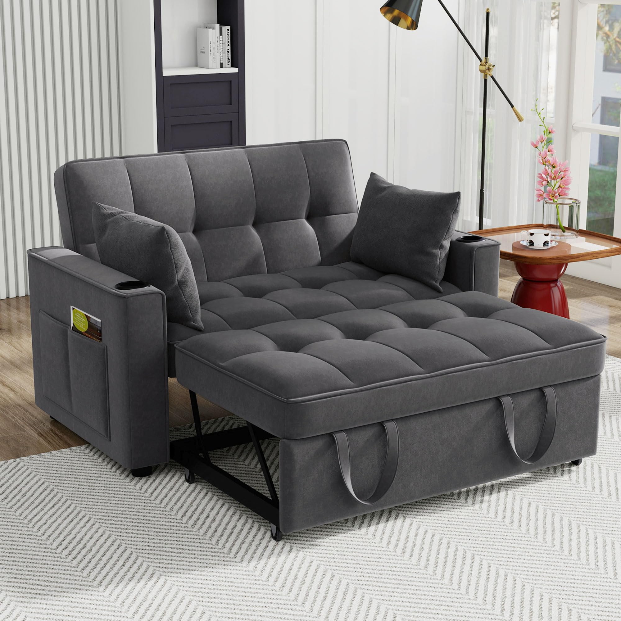 Schlafsofa Klappsofa 2-Sitzer Couch Multifunktion Samt Getränkehalter Kissen