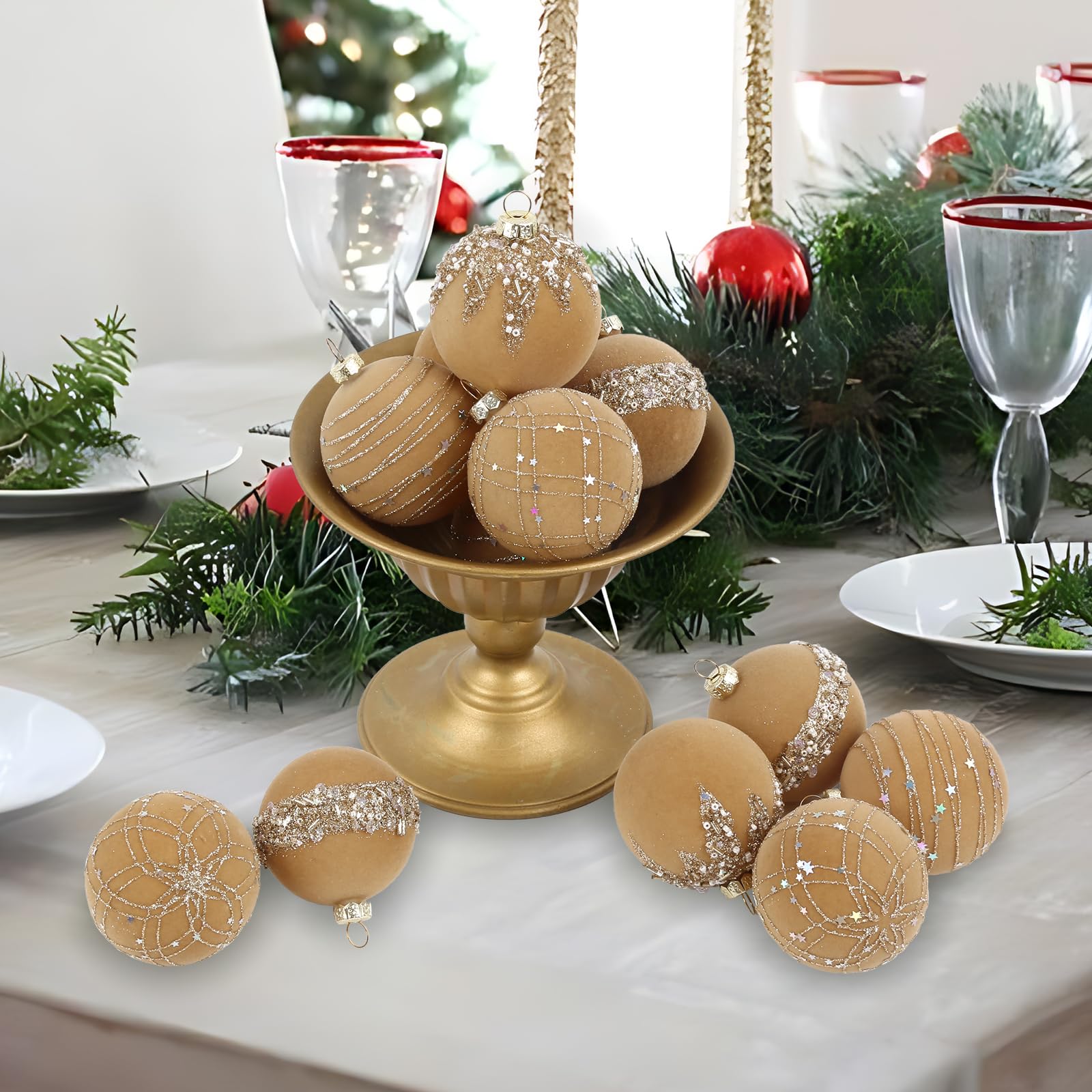 IPOPU 12 Stück 6 cm Samt-Glitzer-Weihnachtskugeln, Khaki, Weihnachtsbaumkugeln, Ornamente, Weihnachtskugel-Set für Urlaub, Hochzeit, Party, Tischdekoration (Khaki)