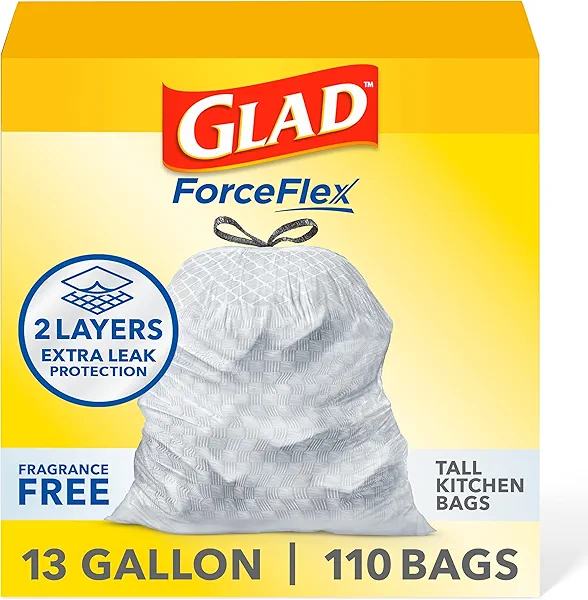 Glad ForceFlex Tall Kitchen Drawstring Trash Bags, 13 Gal, Fragrance Free, 110 Ct (Package May Vary)