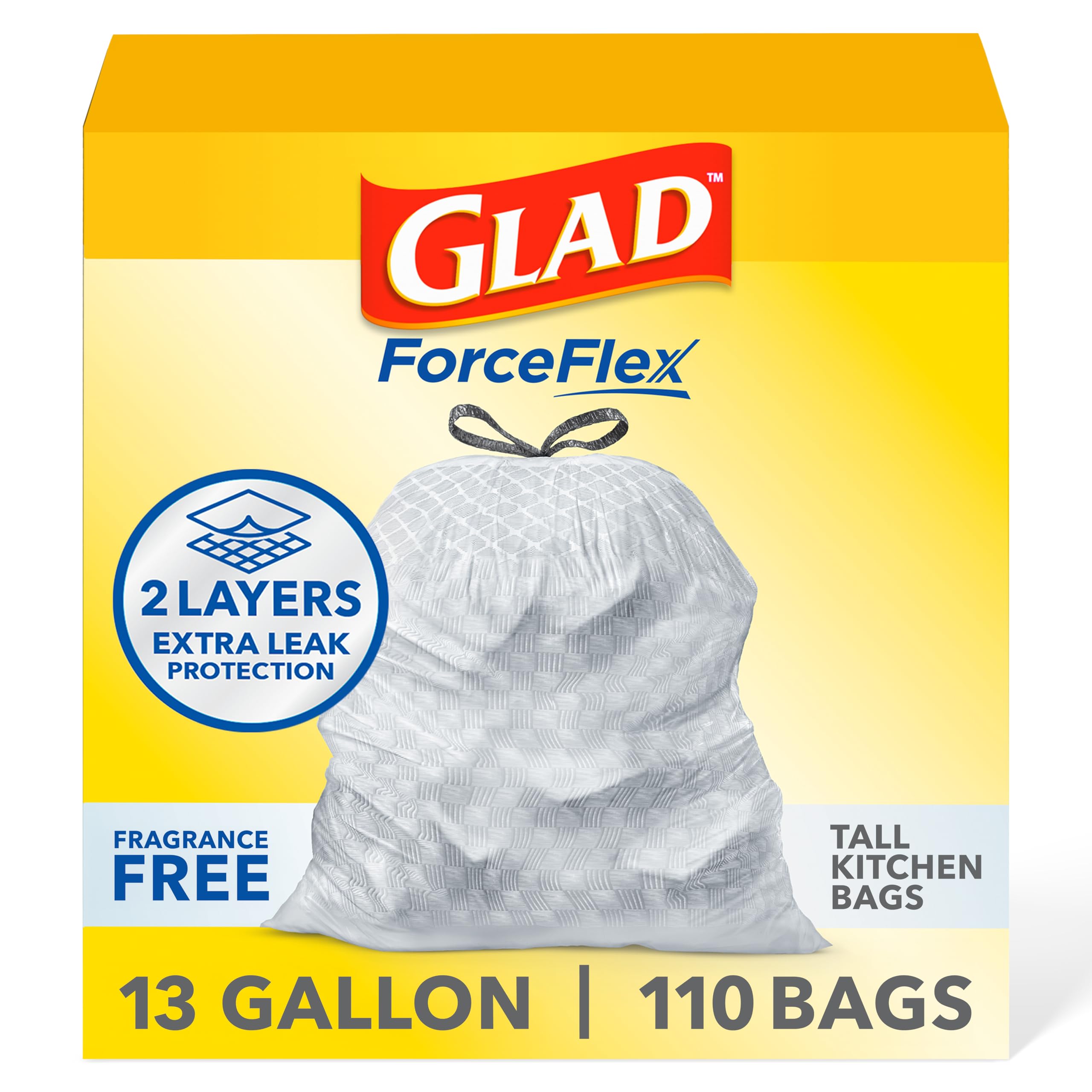 Glad (グラッド) ForceFlex 巾着ゴミ袋 13ガロン 無香料 110枚 パックは異なる場合があります