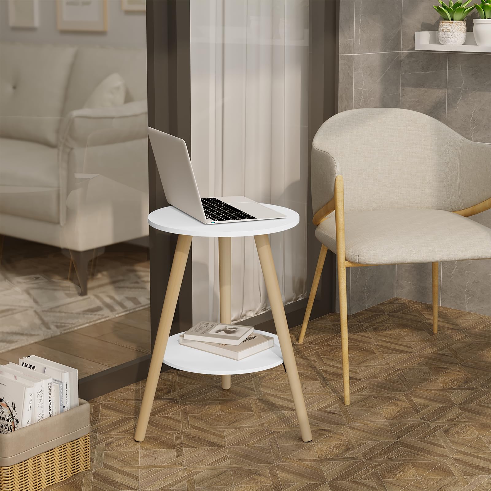 EUGAD Tavolino da Salotto a 2 Ripiani, Tavolino Rotondo, con Gambe in Legno Massiccio, per Camera da Letto, Soggiorno, in MDF, 38x38x55 cm